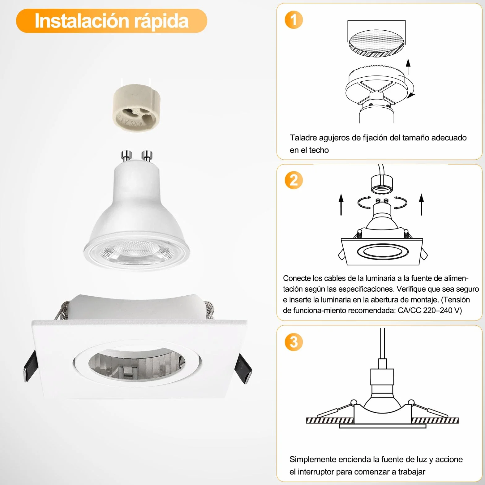 KYOTECH Juego de 6 Focos Empotrables GU10 Blanco Orientable Cuadrado