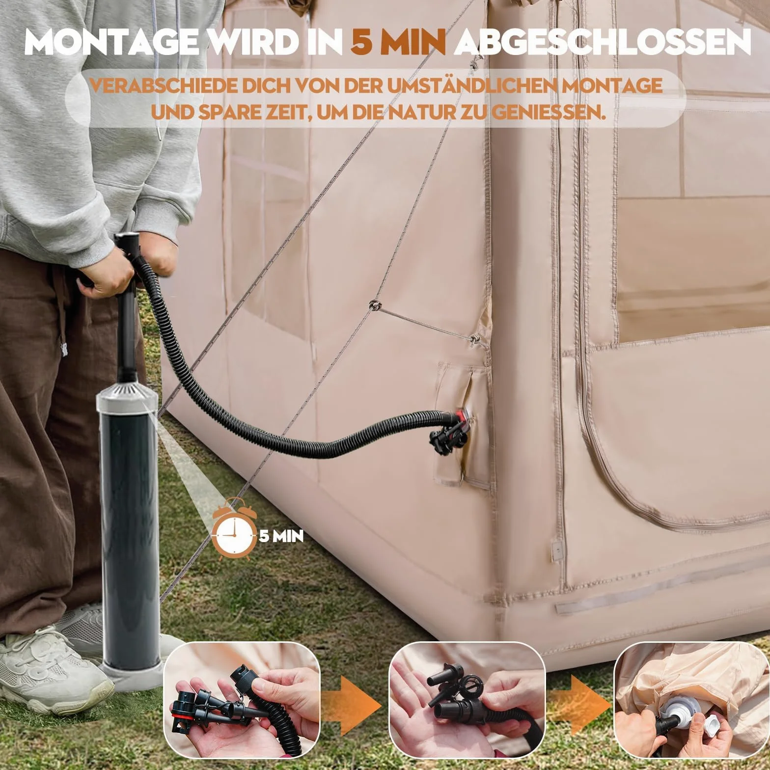 Tienda de campaña Hinchable de 2,5 m con Apertura de Chimenea y claraboya, Tienda de casa de Exterior Tienda para 2-6 Personas con Bomba de Aire, Tejido Oxford, 4 Estaciones, Impermeable