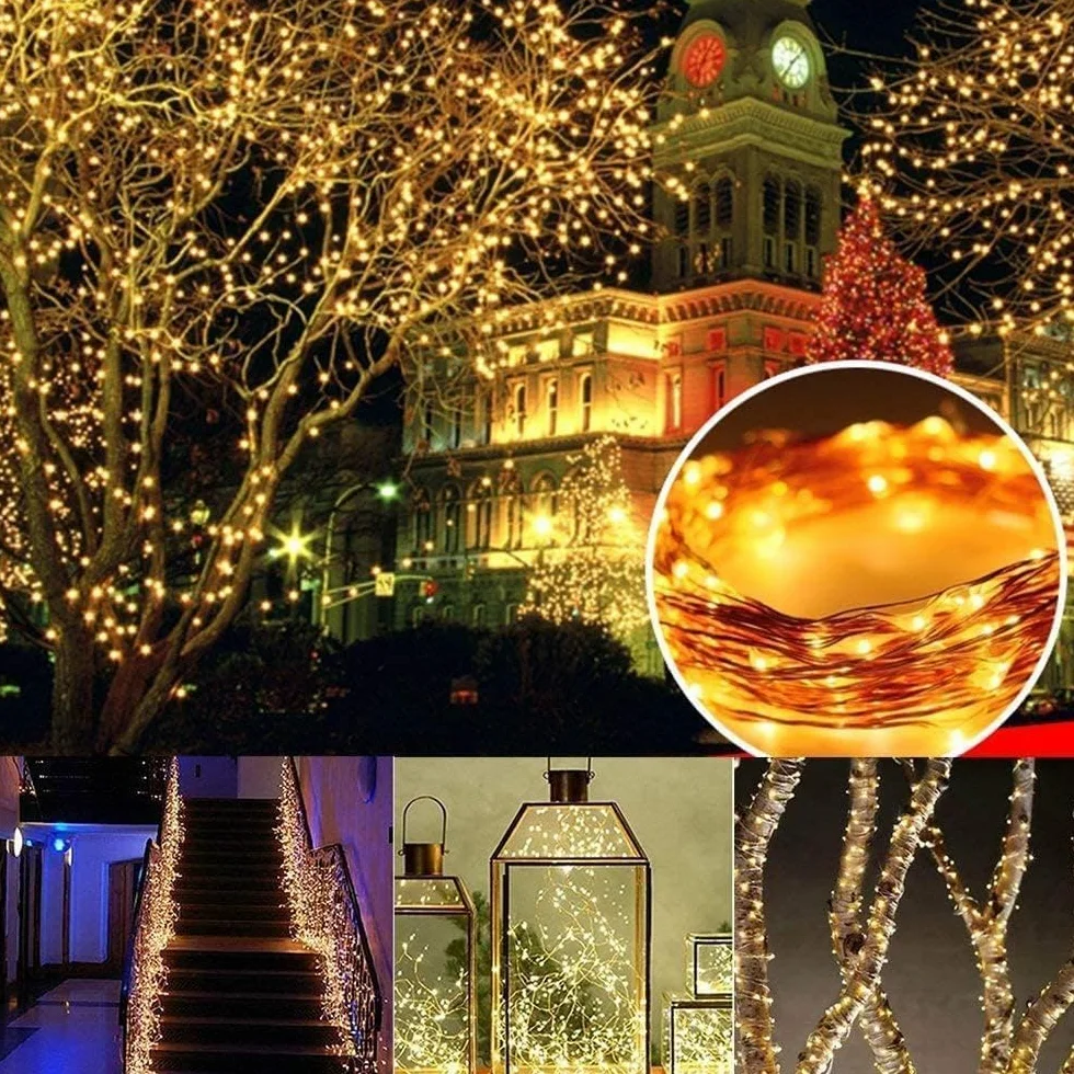 Joomer Luces Solares LED Exterior Jardín 12M 120LED Guirnaldas Alambre Cobre 8 Modos Blanco Cálido Impermeable