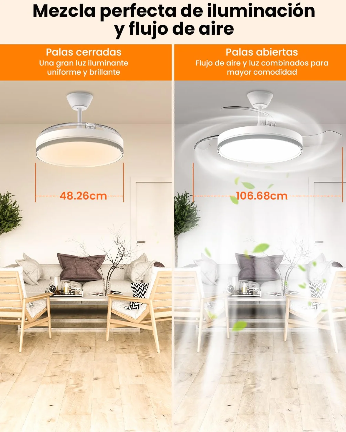 Airwit Ventilador de Techo con Luz 106cm Aspas Retráctiles 69W DC Motor Silencioso Mando Temporizador Blanco