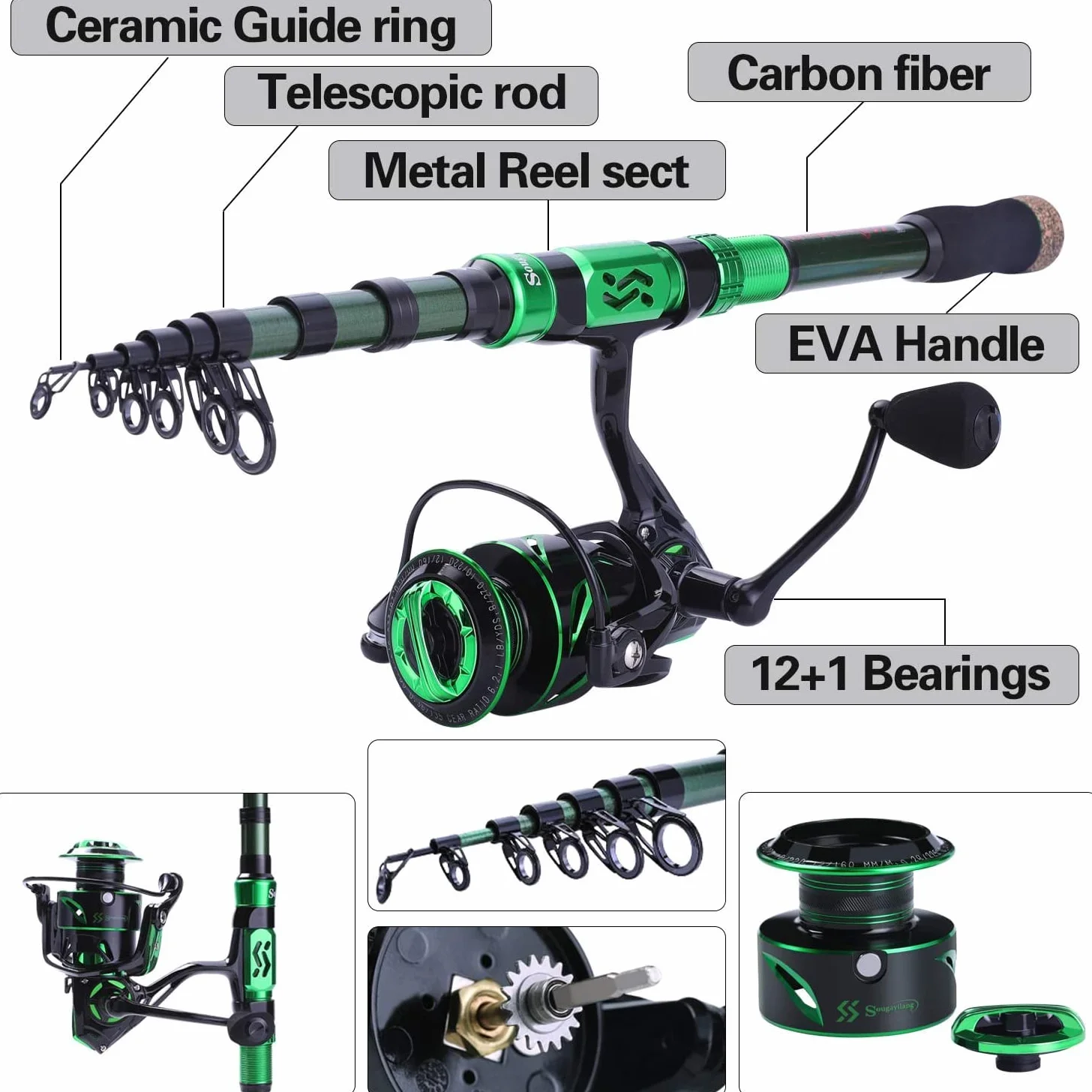 Sougayilang Caña de Pescar telescópica de Fibra de Carbono con Carrete Giratorio de 12 + 1BB, Carrete Giratorio con Bolsa de Transporte para Agua Salada y Agua Dulce