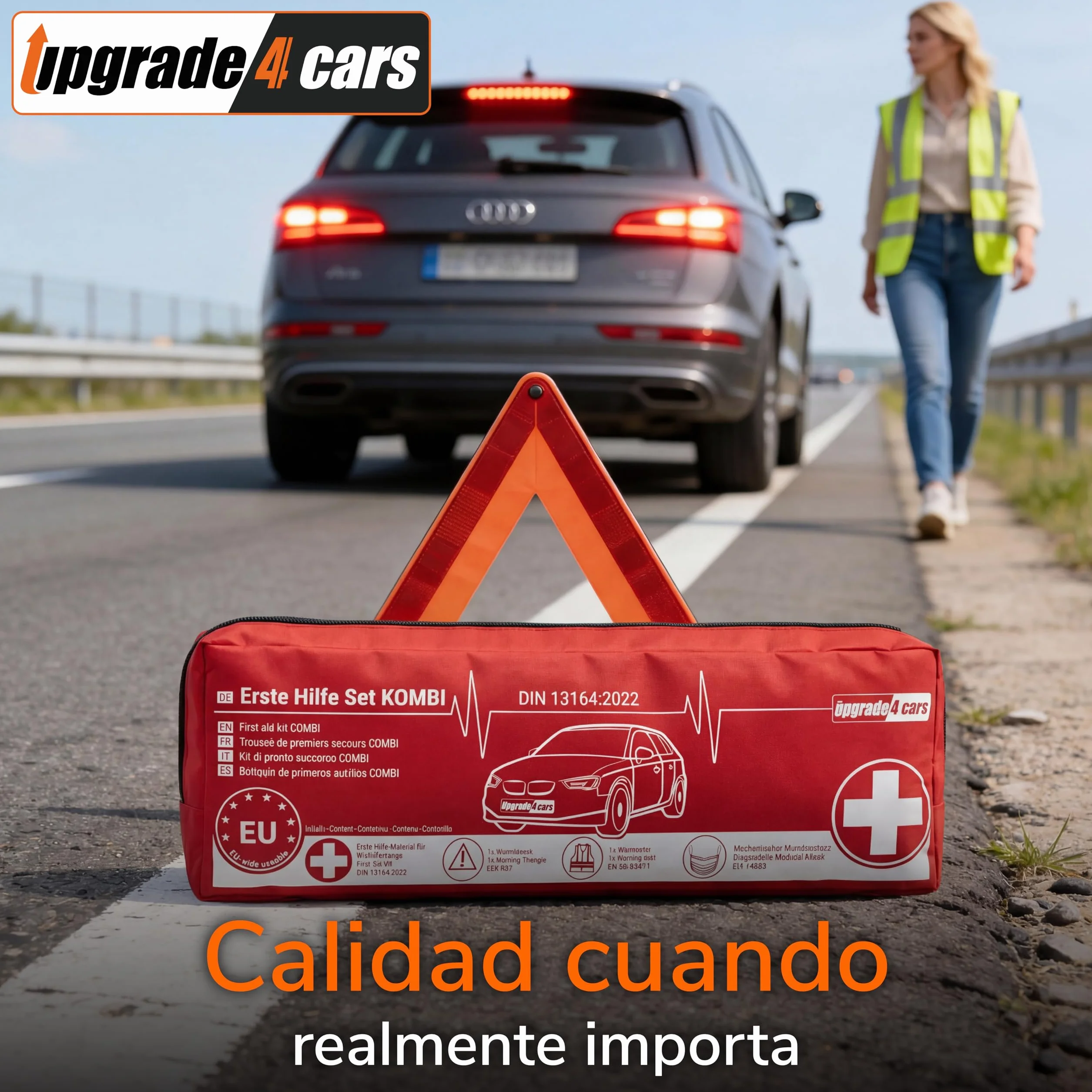 Upgrade4cars Botiquín de Primeros Auxilios Coche 2026 Triángulo Emergencia Chaleco Reflectante DIN 13164