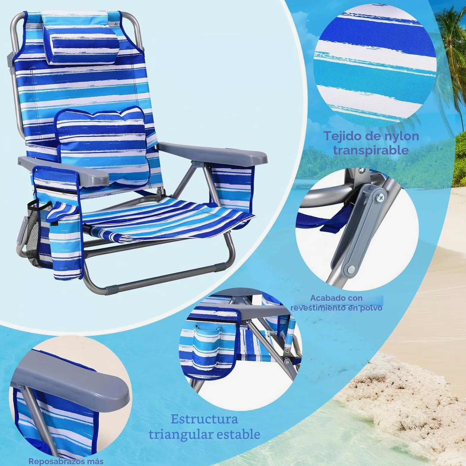LIFERUN Silla De Playa,Set 2,Plegable,Reclinable,Diseño de Mochila,Azul | Respaldo 4 Posiciones,Carga 140kg,Oxford,Hierro,Bolsillo Térmico,Cojín Lumbar,Reposacabezas,Playa,Jardín,Camping,Festival