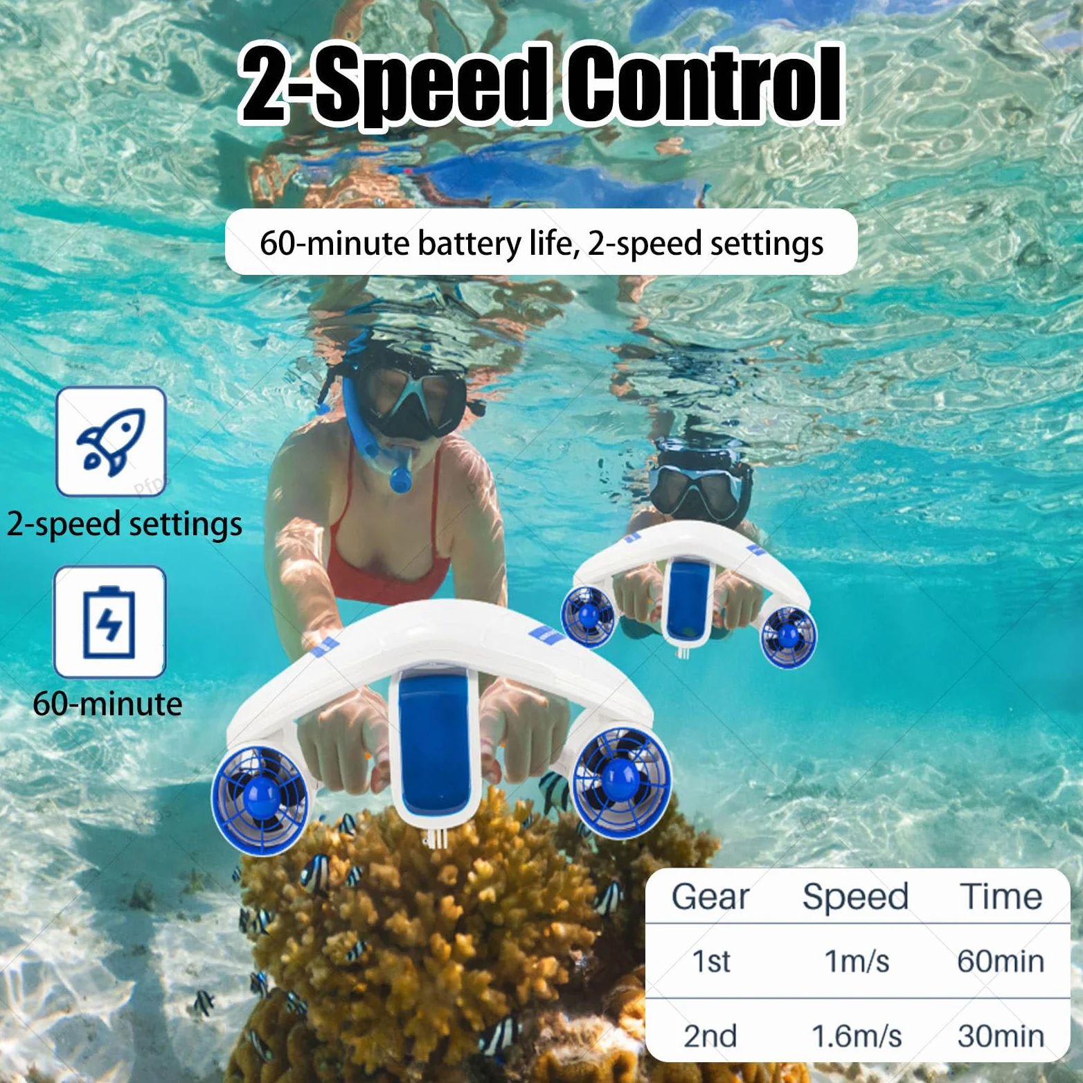 Scooter Submarino para Adultos, Pantalla De 2,8 Pulgadas, Scooter Submarino con Doble Motor, Velocidad De 1,6 M/S, Autonomía De 60 Minutos, para Practicar Snorkel