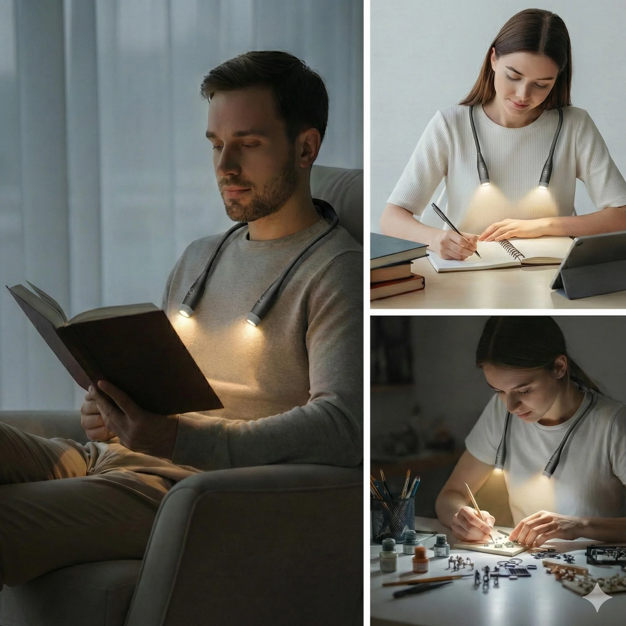 QUMOX Luz de Lectura de Cuello Recargable LED, 3 Modos de Color, Atenuación Continua, Flexible Manos Libres