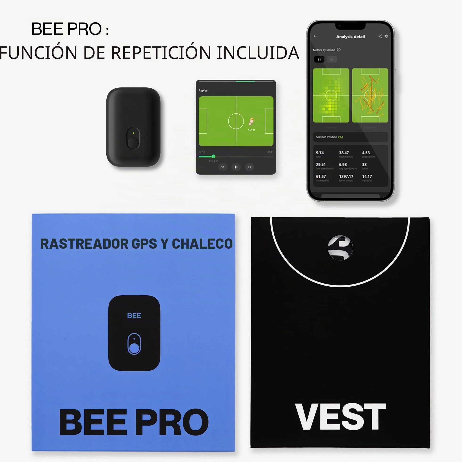 SOCCERBEE - BEE PRO 2 - Rastreador GPS deportivo y chaleco para deportes al aire libre | Prueba de 30 días incluida y suscripción requerida | Equipo de entrenamiento de fútbol | Rastreador de fitness