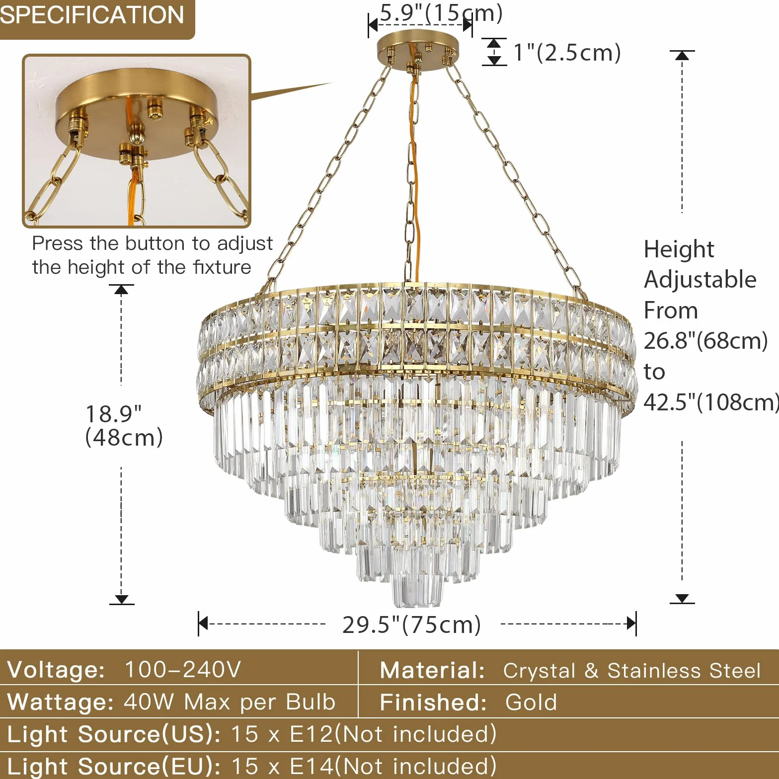 Lámpara de Araña Moderna de Cristal Dorado Colgante Redonda Ø75cm E14