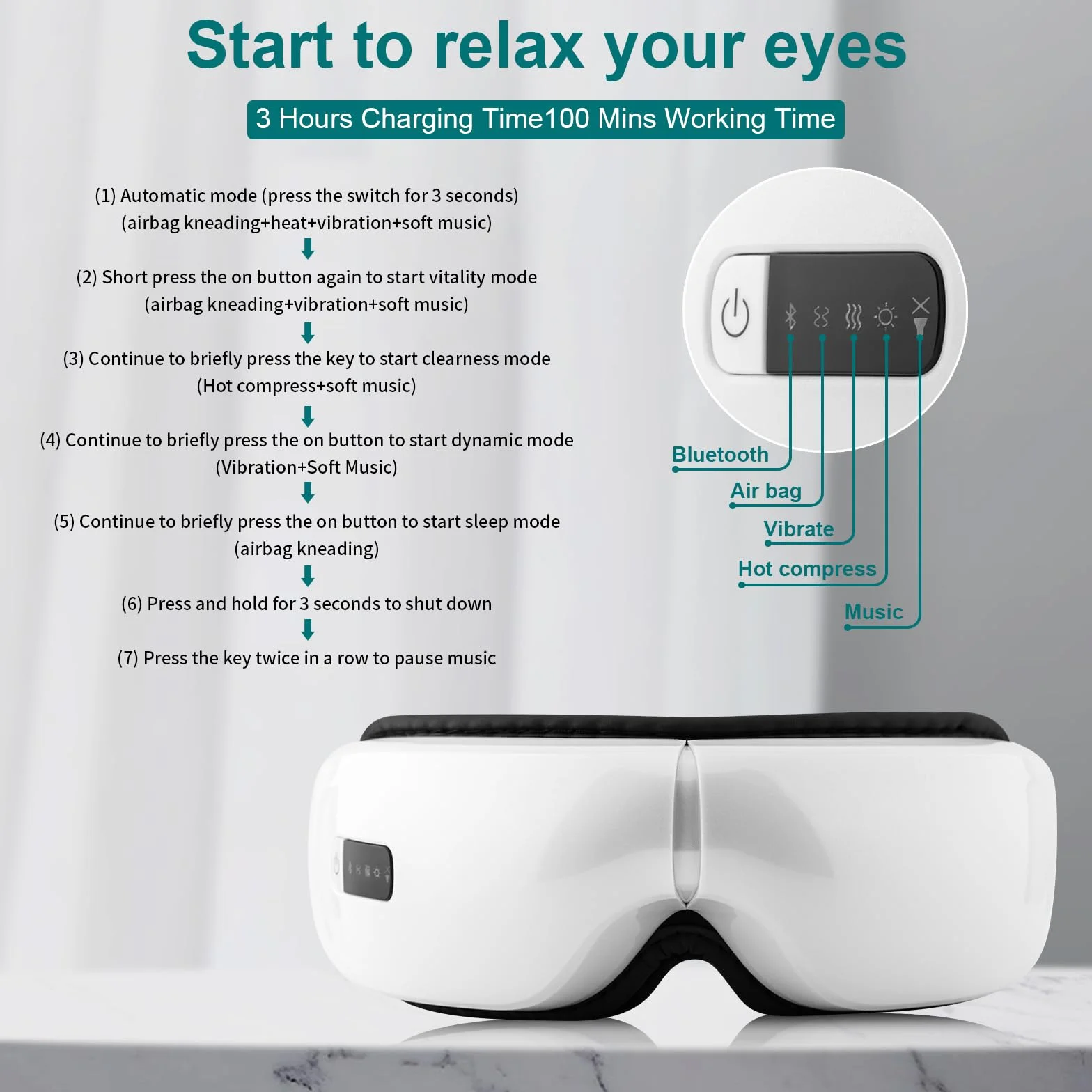 Masajeador de ojos con compresión térmica, vibración y música Bluetooth, recargable, 5 modos