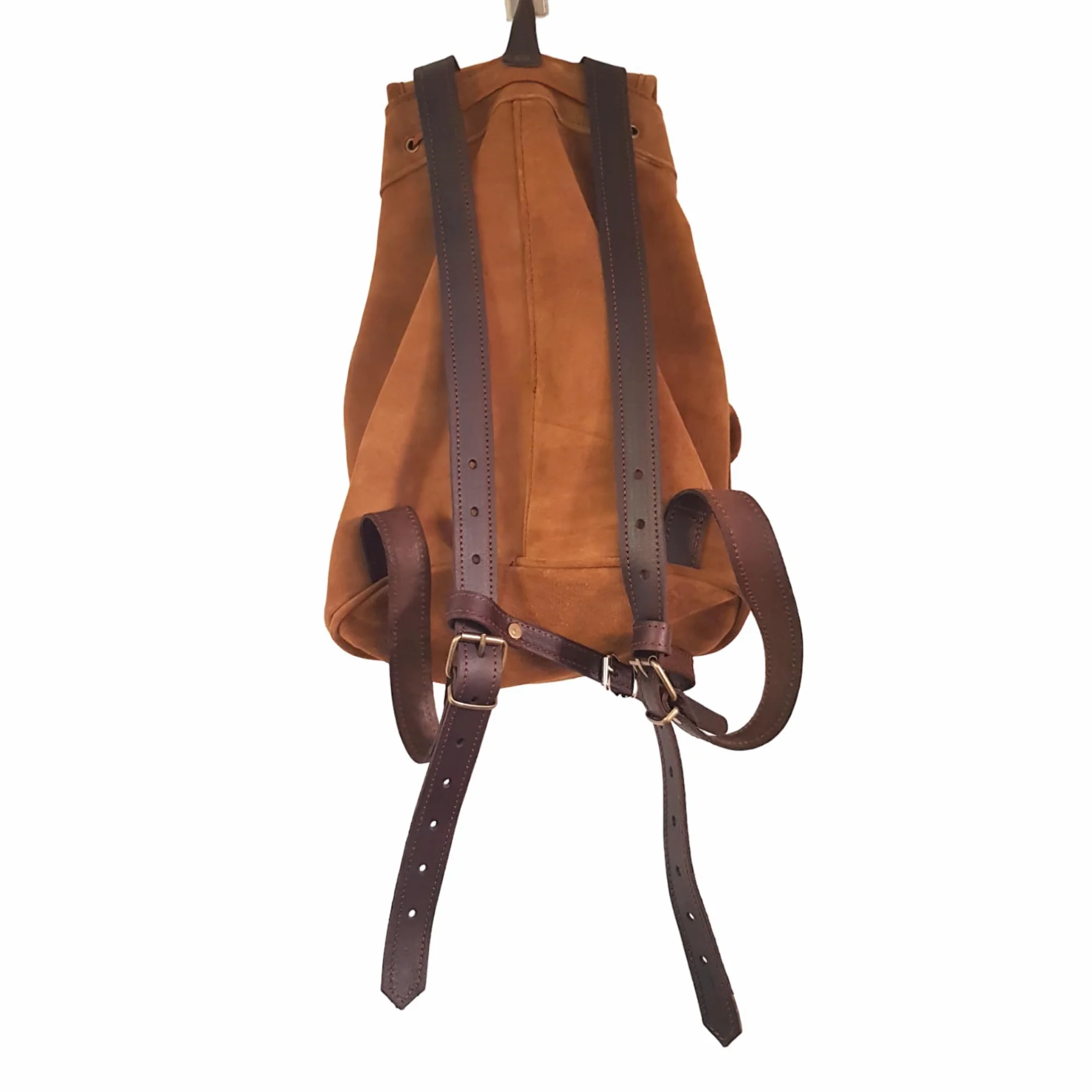 Mochila de caza en serraje y piel, con dos bolsillos frontales