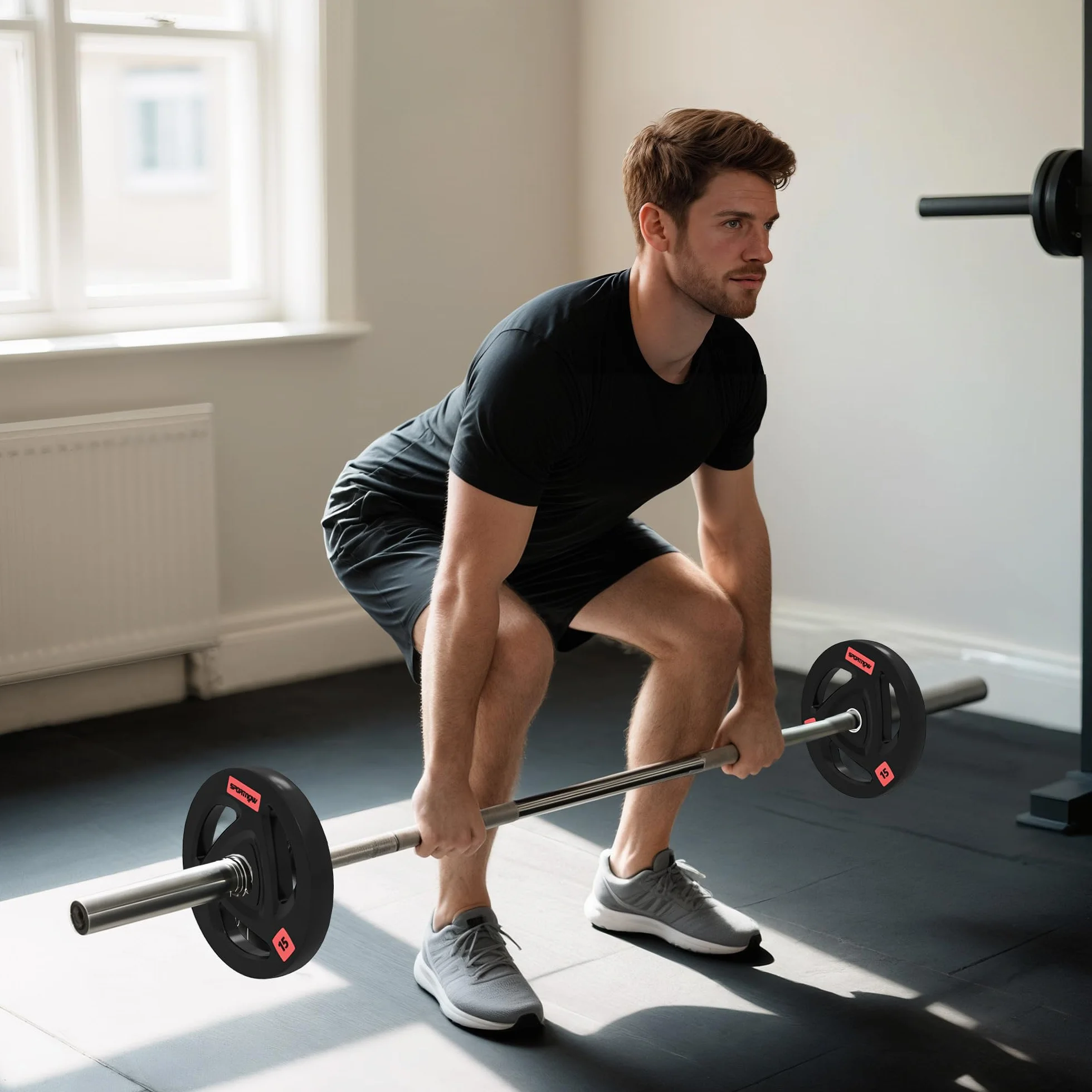 SPORTNOW Discos Pesas Olímpicos 5kg a 15kg, Agujero Ø50 mm, de Hierro Fundido, Recubierta de Goma, 2 Placas de Pesas con Triple Agarre, para Mancuernas y Barras, Entrenamiento en Casa, Gimnasio, Negro