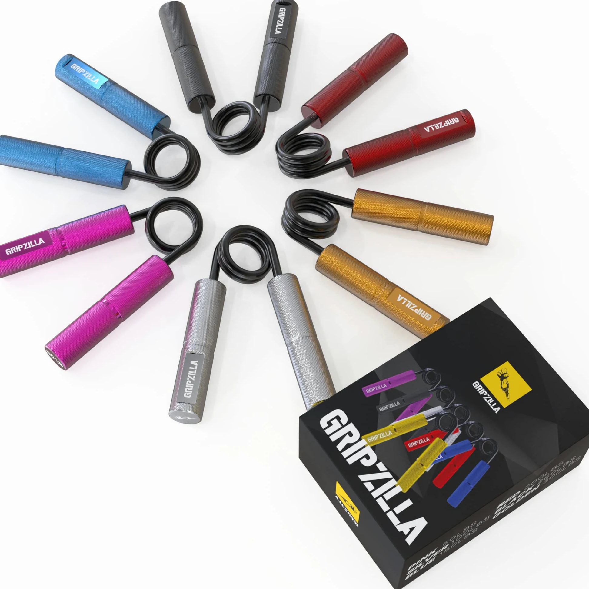 GRIPZILLA Entrenador de fuerza de agarre de 50 a 300 libras, paquete de 6, rosa, plata, azul, rojo, amarillo y negro