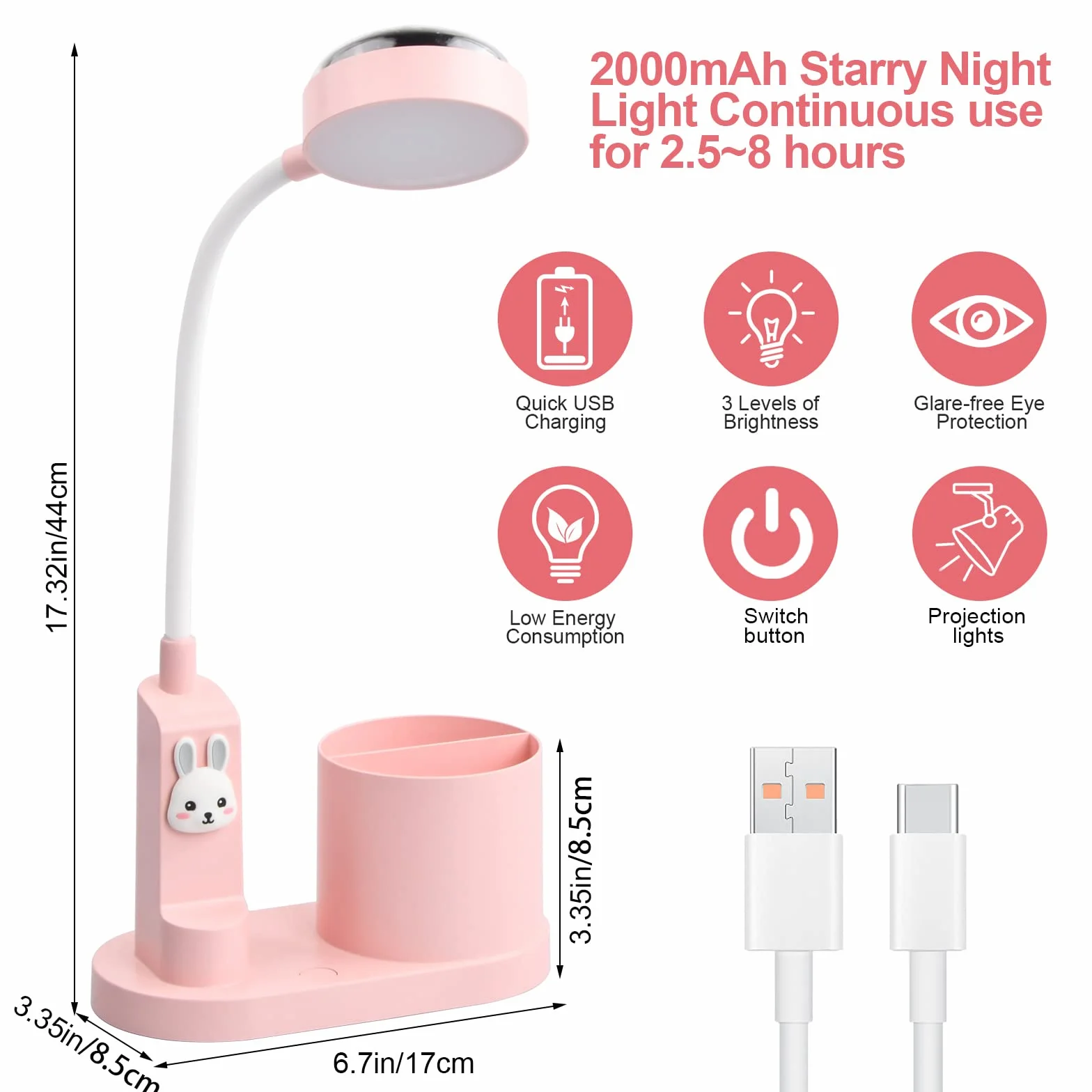 Lámpara de escritorio para niños con proyección de estrella, recargable, cuello de cisne flexible, conejo rosa