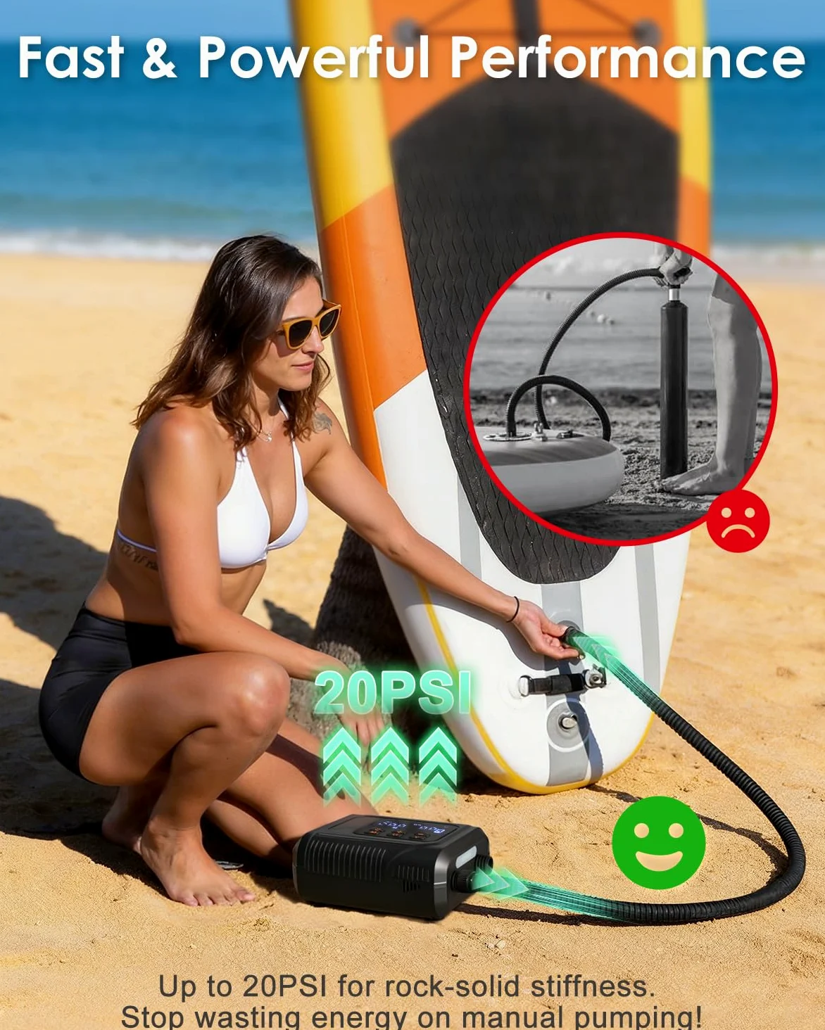 Bomba Eléctrica 20 PSI para Sup - Bomba Inteligente Recargable con Conector 12V, Inflado/Desinflado con Parada Automática - para Paddle, Kayak, Carpas, Colchonetas de Aire, Juguetes de Piscina