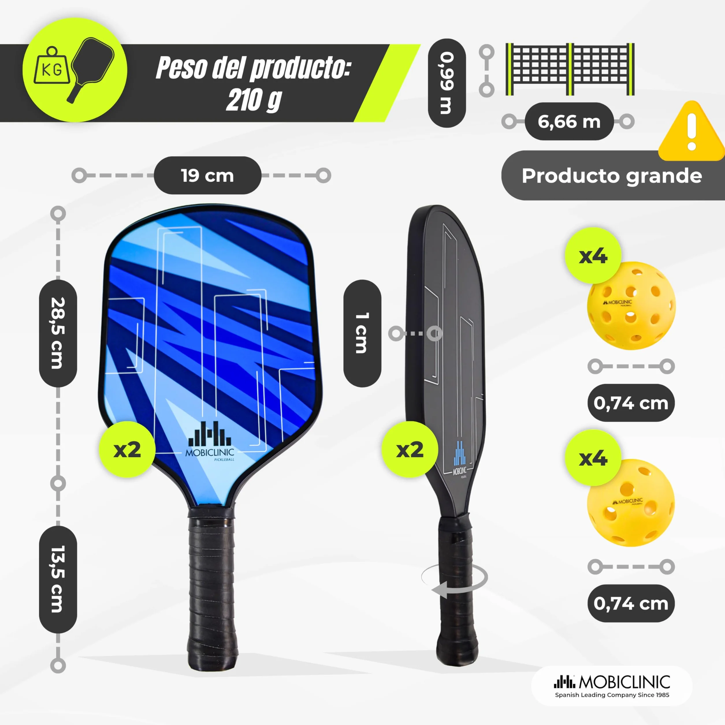 Mobiclinic®, Set de Pickleball, Palas de Fibra Vidrio, Pelotas Interior y Exterior, Bolsa Transporte, Núcleo de Polipropileno de Panal, Grip Antideslizante (4 Palas + 8 Pelotas + Red)