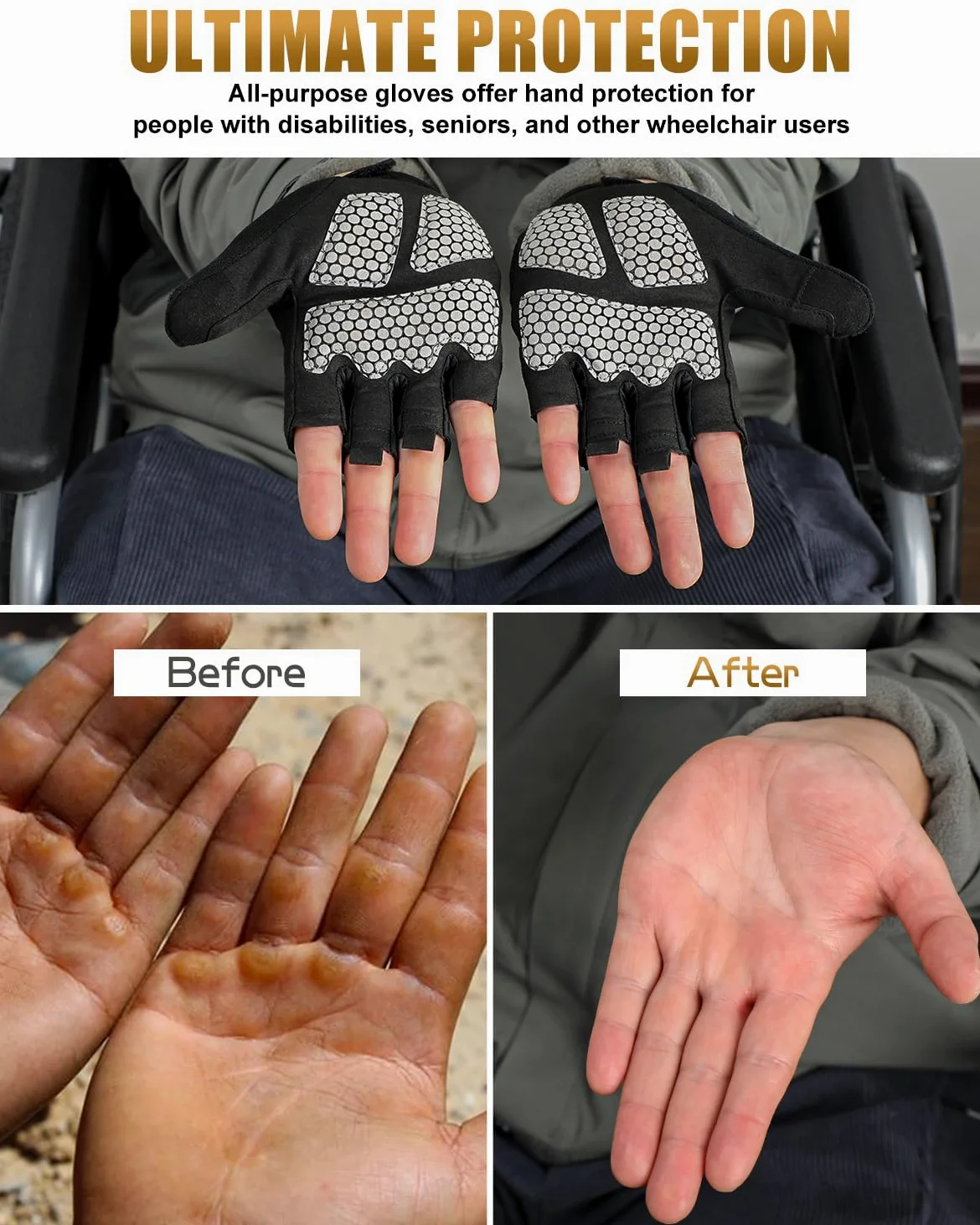 Guantes acolchados de gel de medio dedo para silla de ruedas (negro, L)