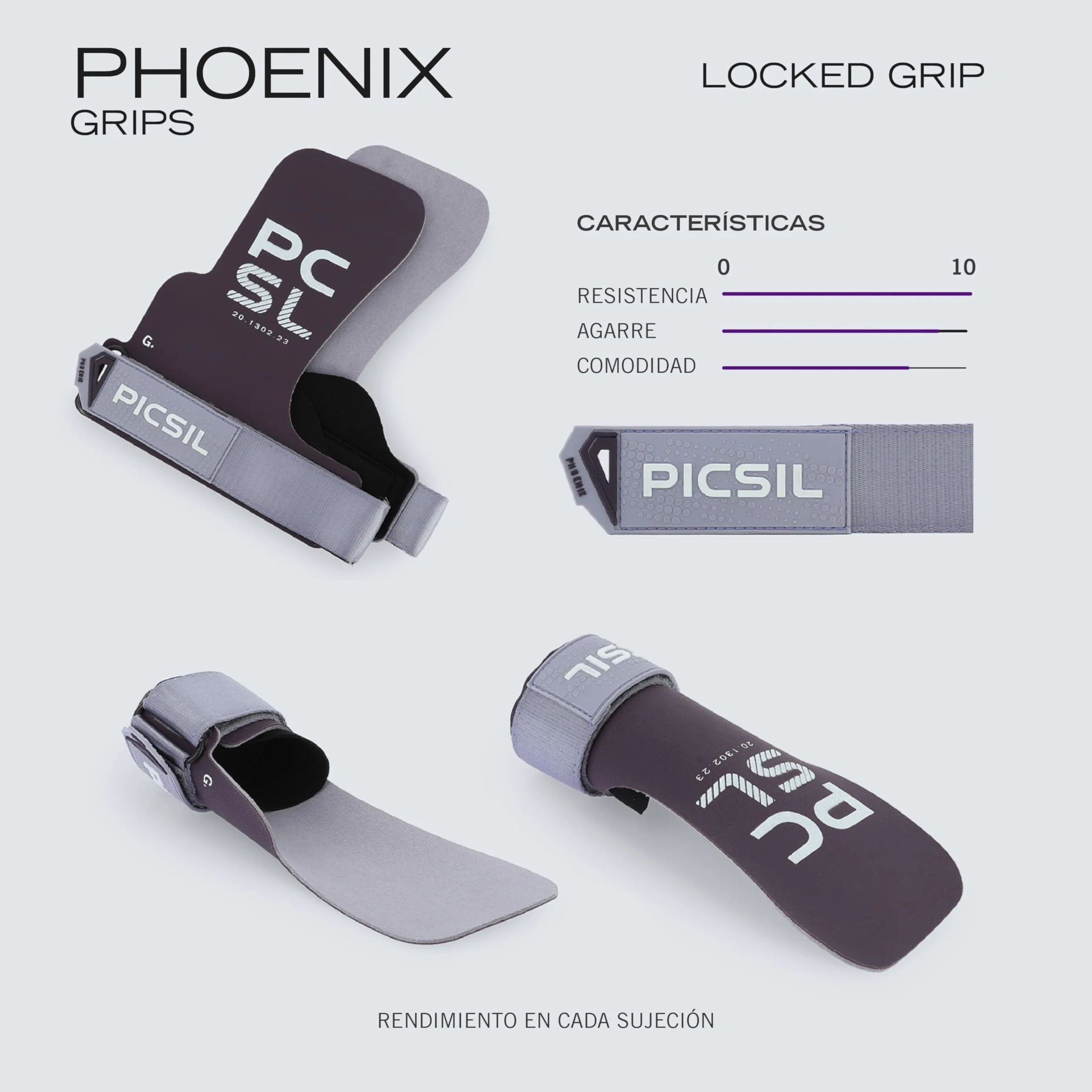 PICSIL Calleras Phoenix + Muñequeras + Bolsa, Uso Sin Magnesio, Agarre en Todas Superficies y Cualquier Tipo de Barra, Diseñadas para Todos los Atletas (Plum, G+)