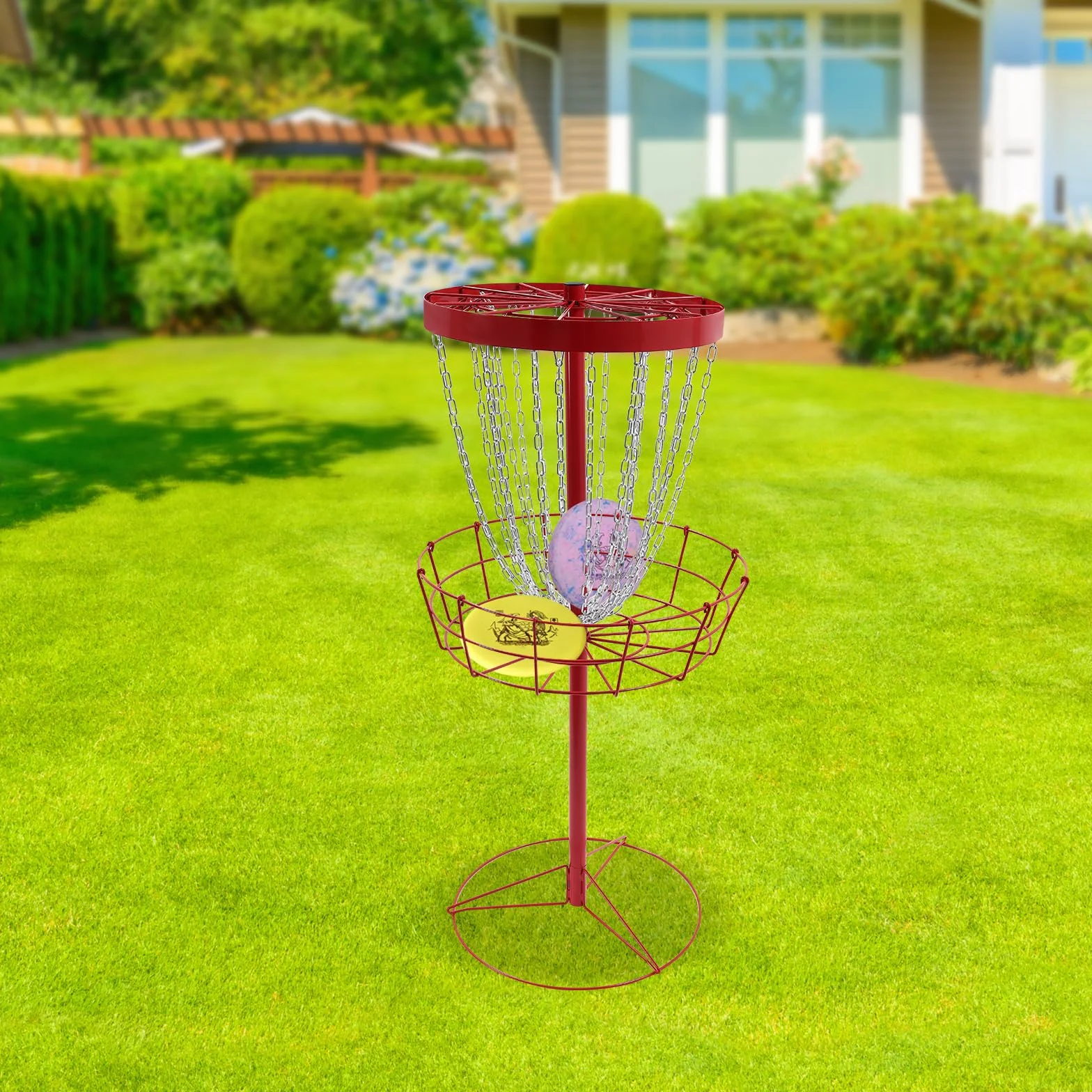 Disc Golf - Cesta de golf independiente con 24 cadenas, disco portátil, objetivo para ejercicio al aire libre, 64,5 cm de diámetro, con 4 clavos de suelo, adecuado para principiantes y