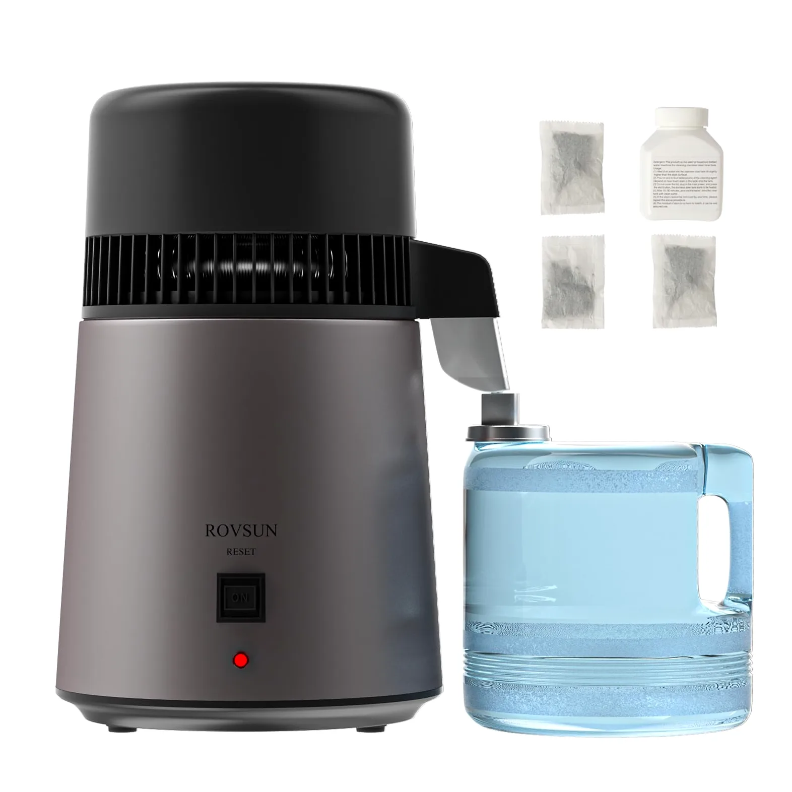 ROVSUN - Destilador de agua de 1.1 galón/4 litros, máquina de agua destilada con recipiente sin BPA, purificador de agua destilada con material ignífugo e interior de acero inoxidable, 750 W, negro