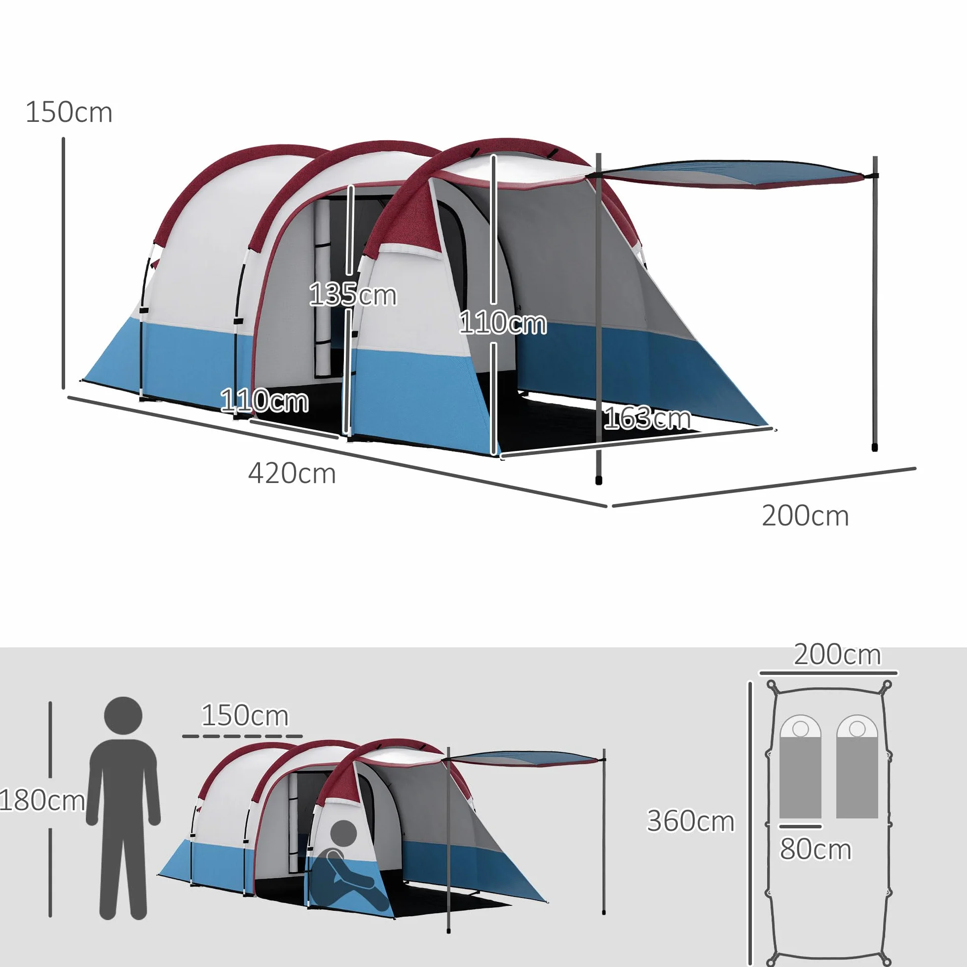 Outsunny Tienda de Campaña Familiar para 3 Personas Tienda Camping Plegable Ligera con 2 Habitaciones Bolsa de Transporte Impermeable 2000 mm para Playa Senderismo 420x200x150 cm