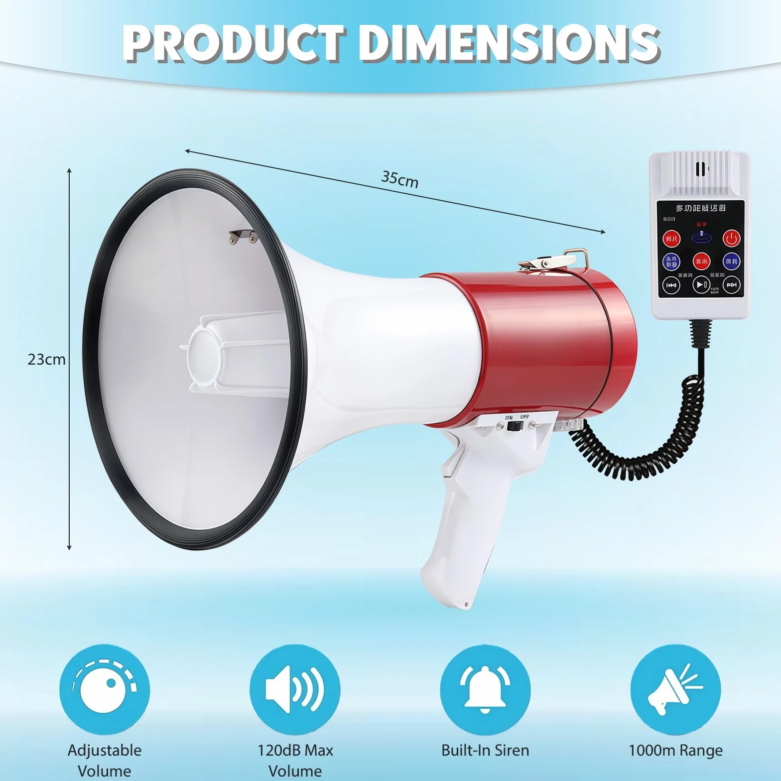 Megáfono 50W 1000m Sirena Micrófono Grabación 260S Bluetooth Correa Ajustable Rojo