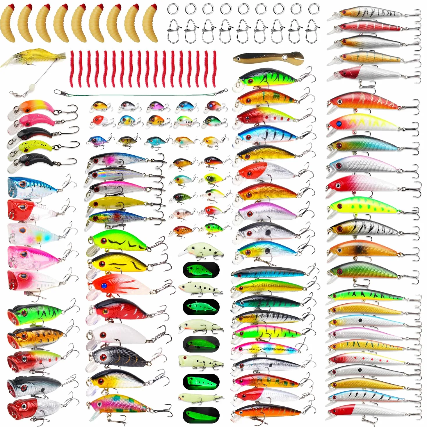TSKS Kit de señuelos artificiales de pesca mixtos, incluye aleta de buceo frontal, superficie de pececillo, cebos de manivela, lápiz VIB con gancho y señuelos suaves, accesorios para agua salada
