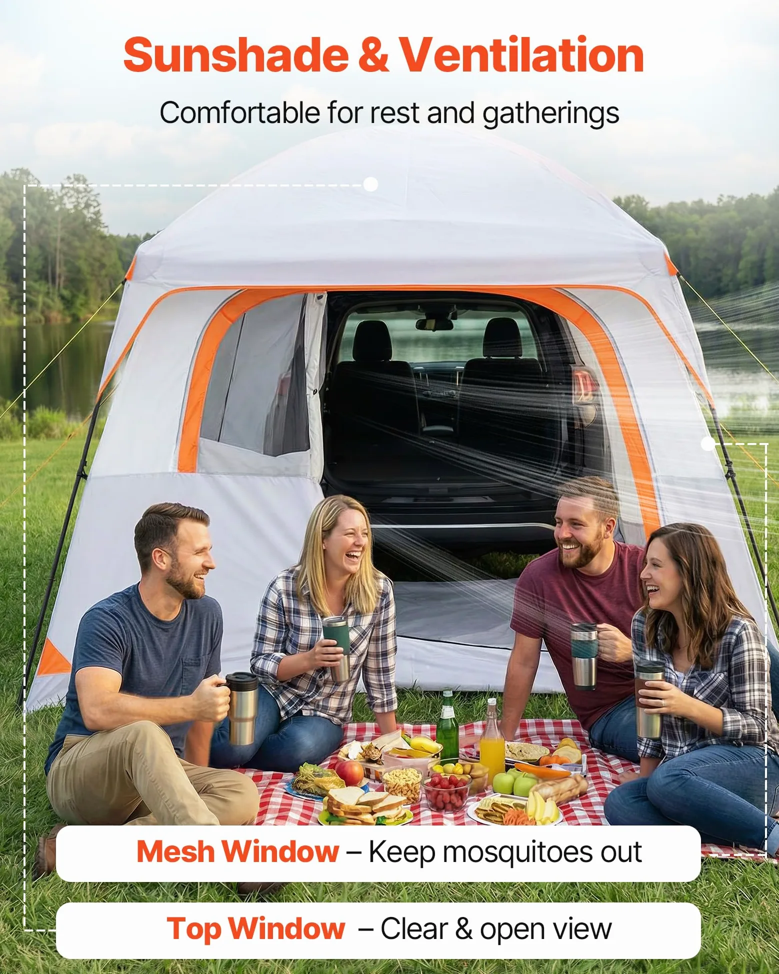 VEVOR Tienda de Campaña para Portón Trasero 304,8 x 274,3 x 220 cm para 6 Personas, Tienda de Campaña para Maletero de Coche con Puertas Ventiladas y Ventanas de Malla para Acampar al Aire Libre