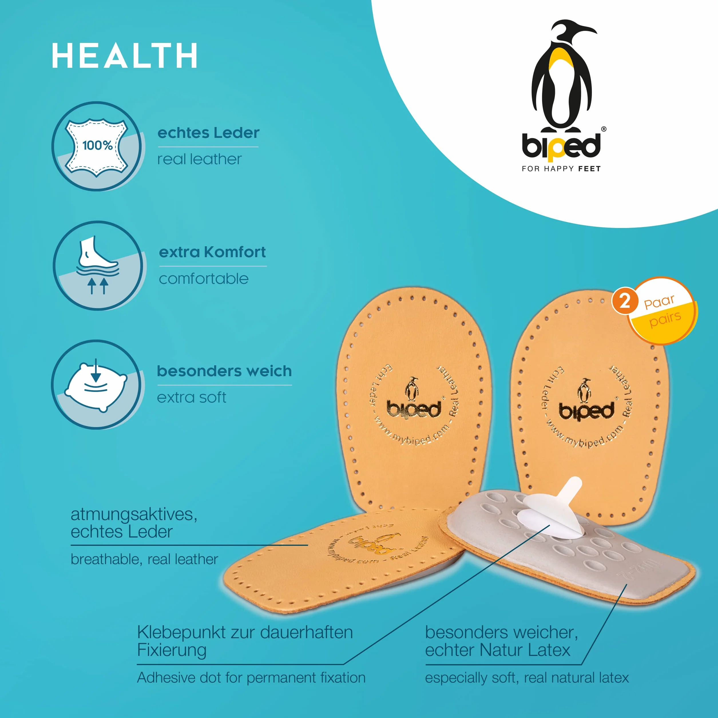 Talonera de cuero curtido vegetal biped HEALTH 2 pares - elevador de talón autoadhesivo con espuma de látex