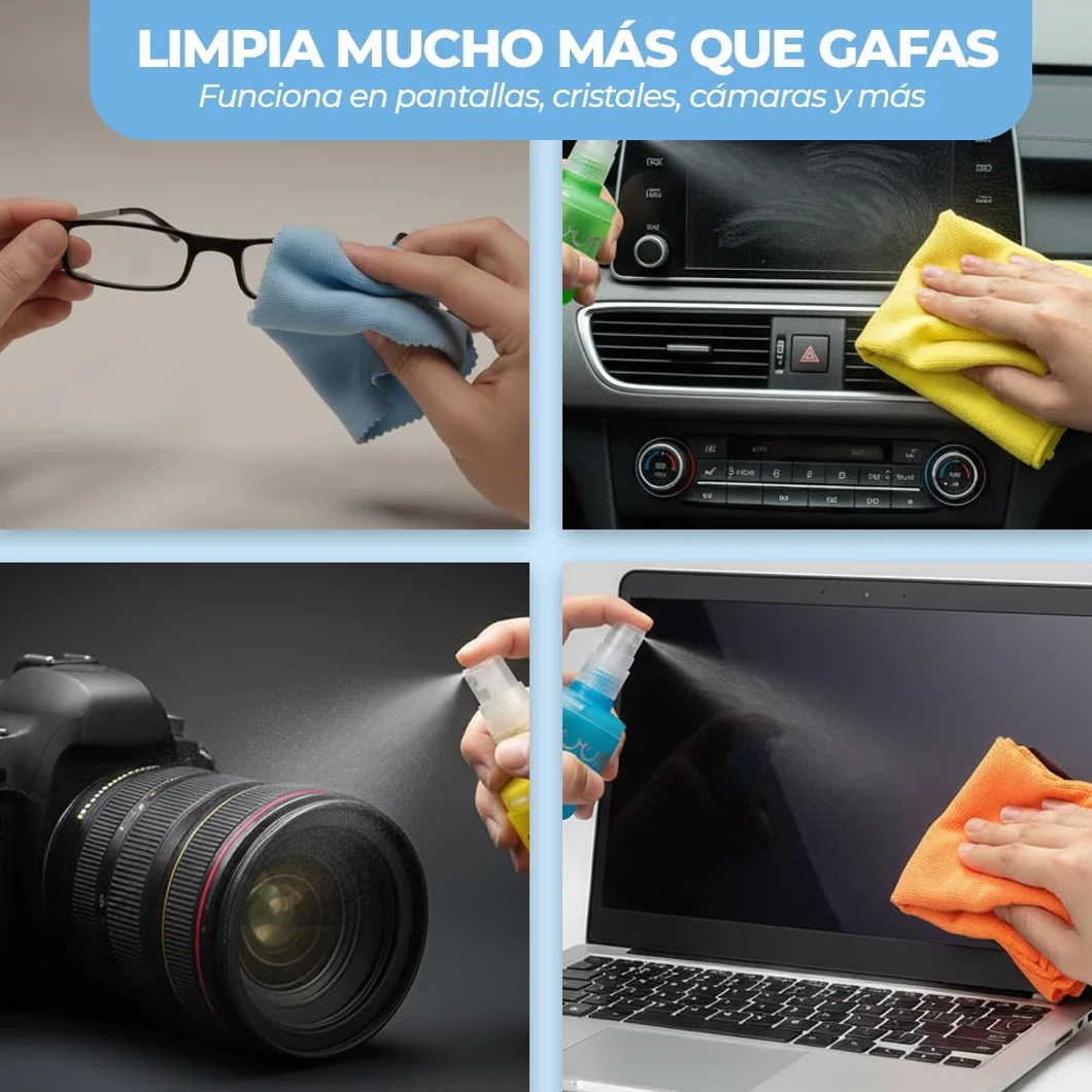 SUUM Pack 3 Spray Limpiador de Gafas con Paño de Microfibra - Limpia Lentes sin Vaho para Cristales y Pantallas (Menta, Limón y Manzana)