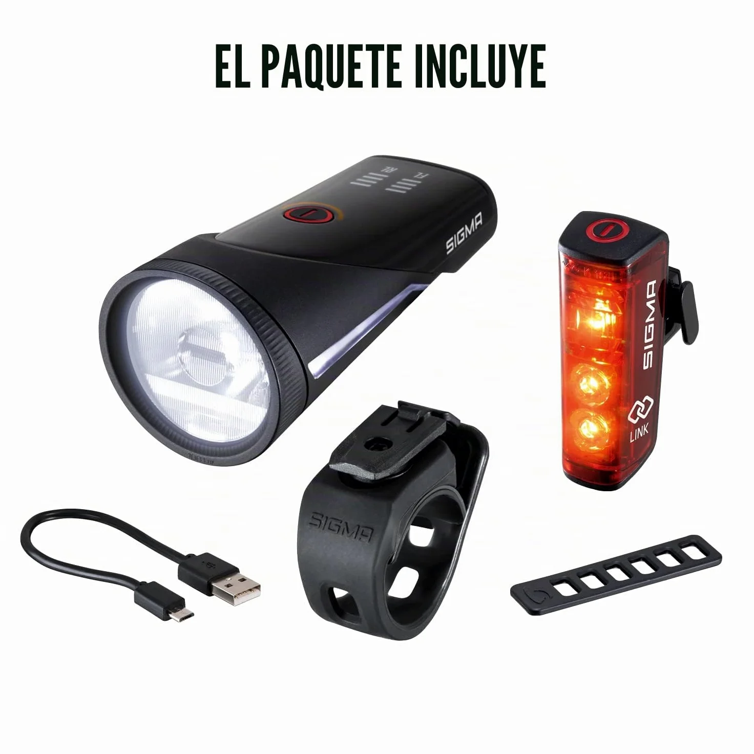 SIGMA Aura 100/Blaze Link kit de luces para bicicleta (soporte de silicona) | Innovadora función de acoplamiento Luz LED delantera para bicicleta de 100 lux | Luz trasera con función de luz de freno