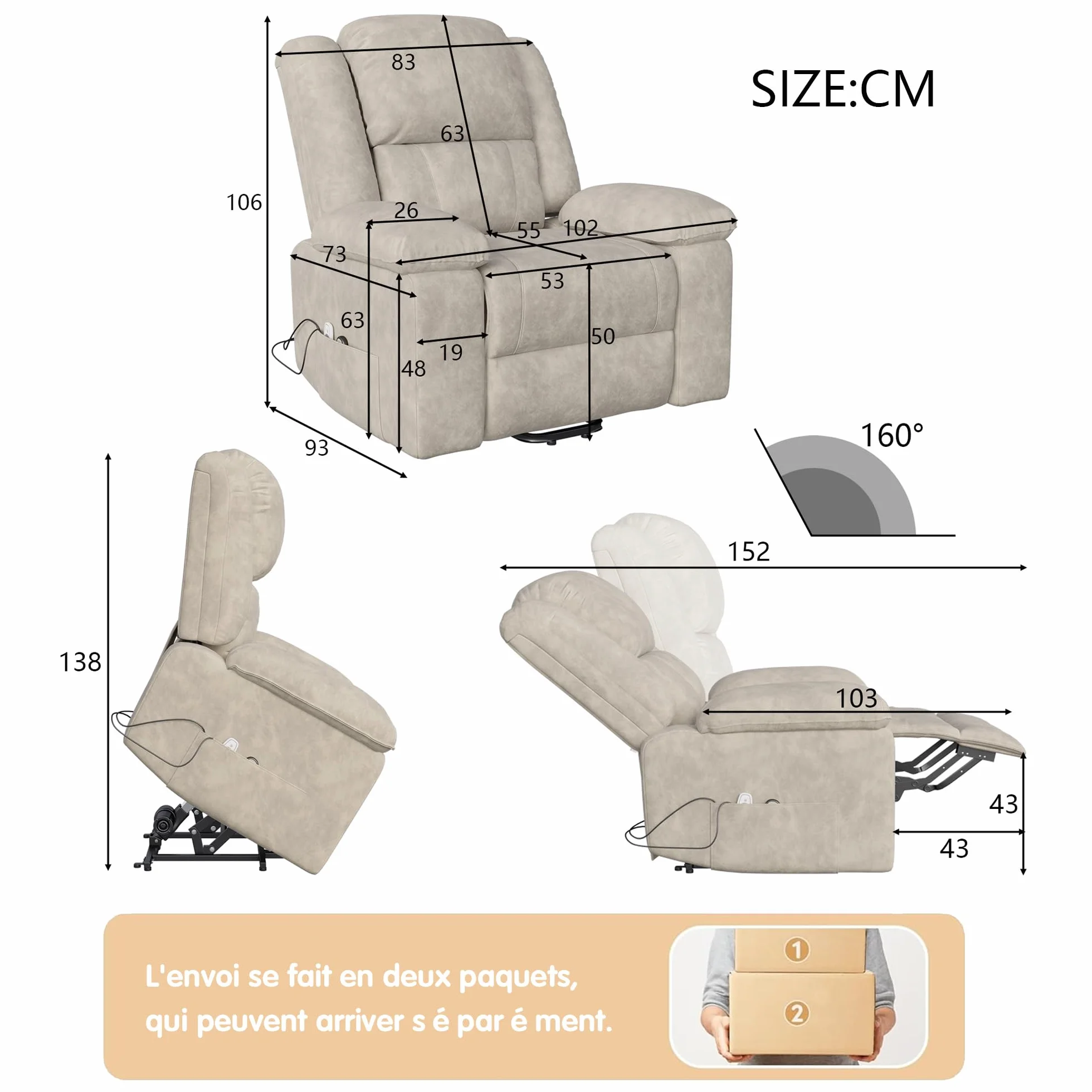 Sillón Relax Reclinable Eléctrico Masaje con 8 Zonas de Masaje y 2 Puntos de Calor (Marrón)