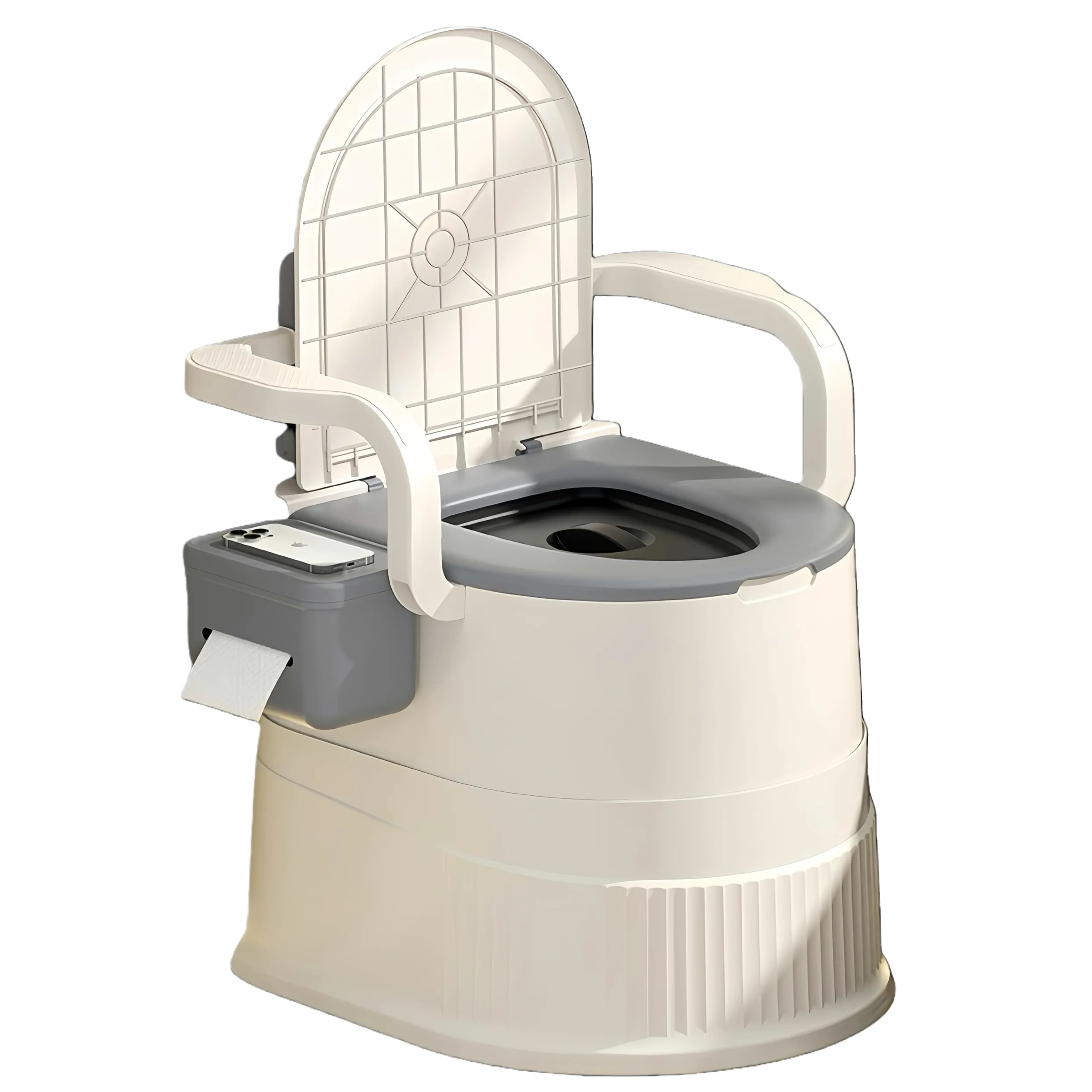 Silla de inodoro portátil con respaldo y reposabrazos, diseño ergonómico, capacidad de 150 kg, fácil de limpiar, ideal para ancianos, mujeres embarazadas, camping, autocaravana, exterior y