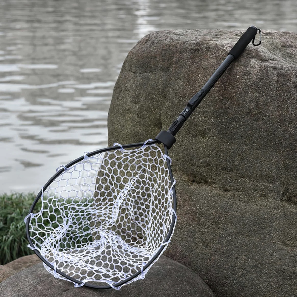 Red de Pesca Plegable Rápida de Aluminio Negro Malla | Aleación de Aluminio, Malla de Goma Eva, Forma Clásica, Ligera Fácil Transporte para Orilla y Barco