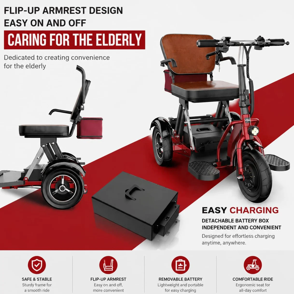 Scooter Eléctrico De Movilidad De 3 Ruedas para Adultos Y Personas Mayores,Batería De 48 V Y 12 Ah, Autonomía De hasta 40 Km, Gran Capacidad De Carga 120 Kg, Diseño Ligero Y Plegable