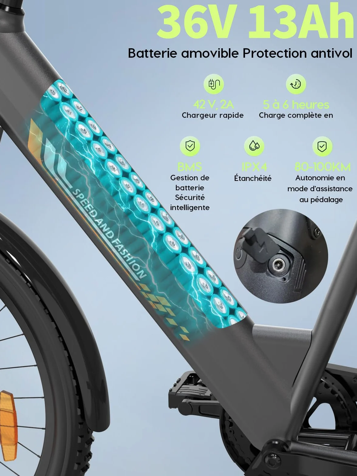 Bicicleta eléctrica de 26" para Mujer, Motor 250W, batería 36V 13Ah, autonomía hasta 100 km, Frenos de Disco mecánicos, suspensión Delantera, 7 velocidades