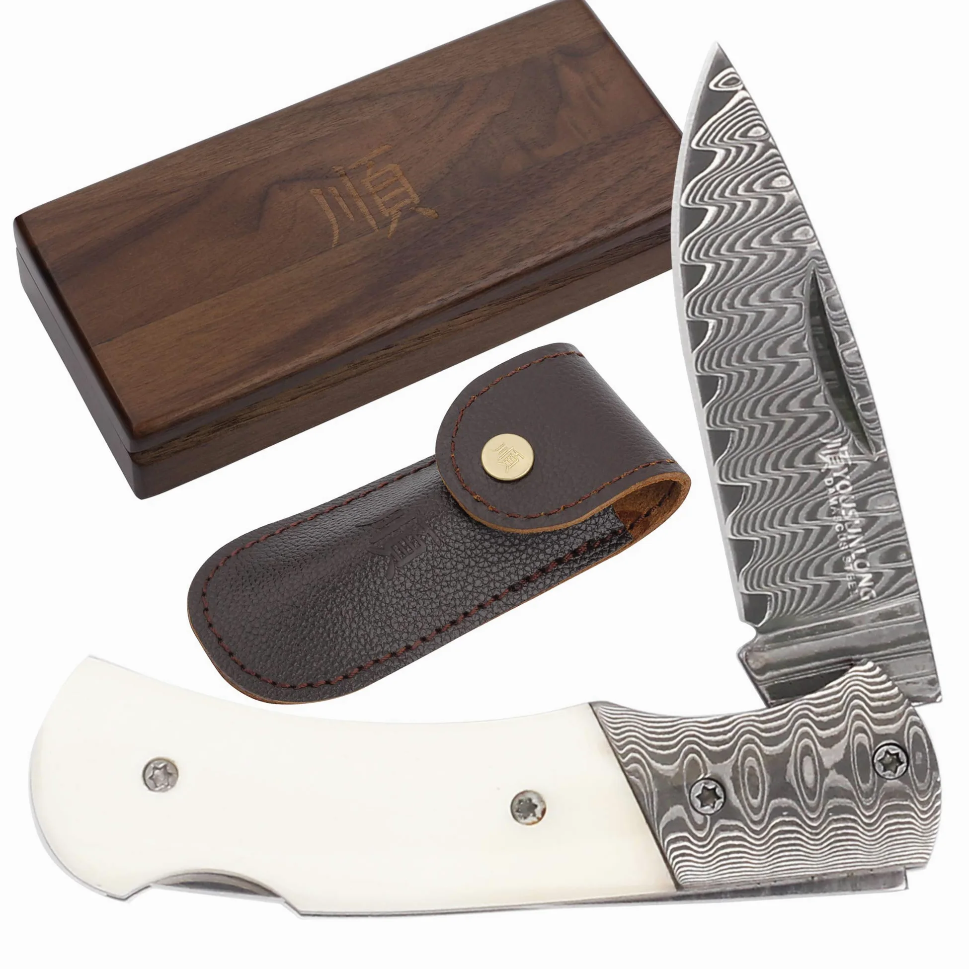 YOUSUNLONG Navaja de bolsillo y navaja 140mm - hoja de acero damasco - mango de hueso de toro
