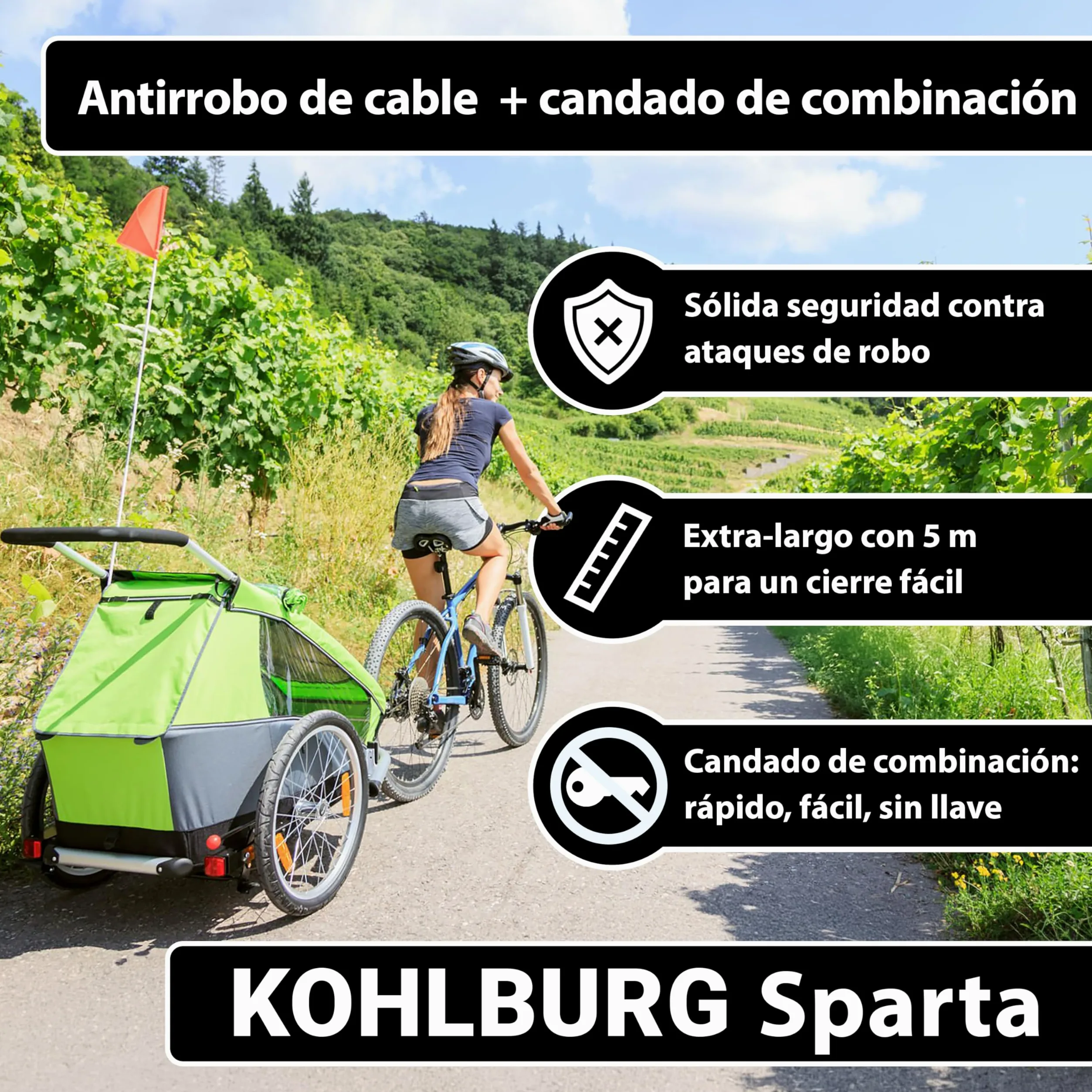 KOHLBURG Candado de cable con combinación 500cm candado bicicleta antirrobo | Candado combinacion 5 metros | Cable de acero con cintas de gancho y bucle | Antirrobo para bici, muebles de jardín, remolque