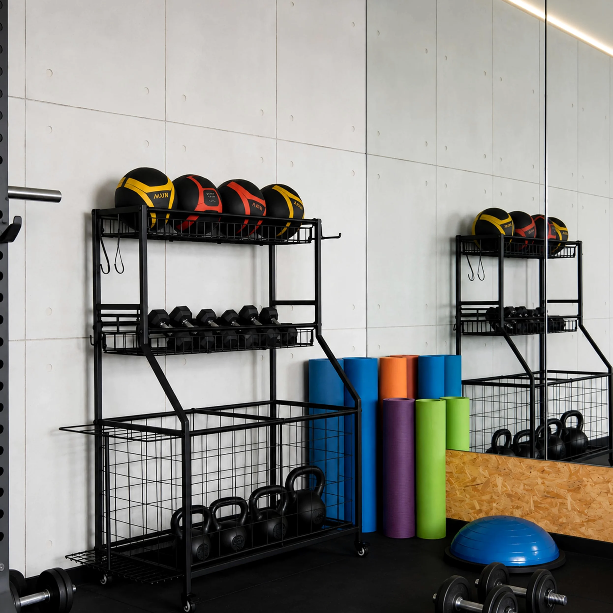 Relaxdays Organizador Deportivo Negro, 4 Ruedas (2 con Freno) | 116 x 91,5 x 43 cm, carro para pelotas, metal
