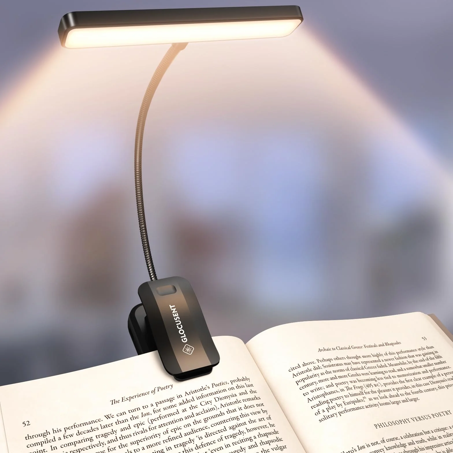 Glocusent 26 LED Luz de Lectura USB-C Recargable 360° Flexible 5 Colores 5 Brillos Protección Ocular Lampara Libro Modo Memoria Negro