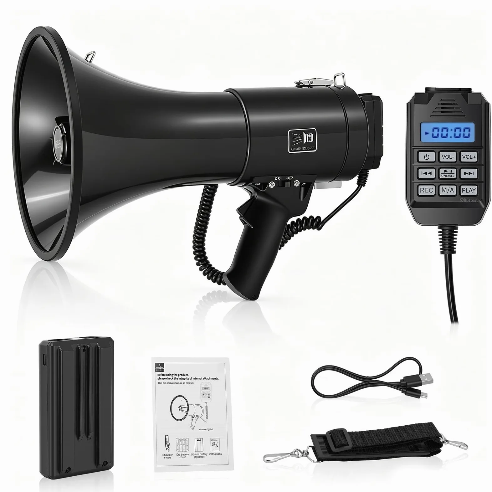 Megáfono portátil de 100 W con micrófono extraíble, Bluetooth, grabación USB, batería de 4800 mAh, alcance de 2000 m, 3 fuentes de alimentación, correa para el hombro para eventos, mercado, avisos de