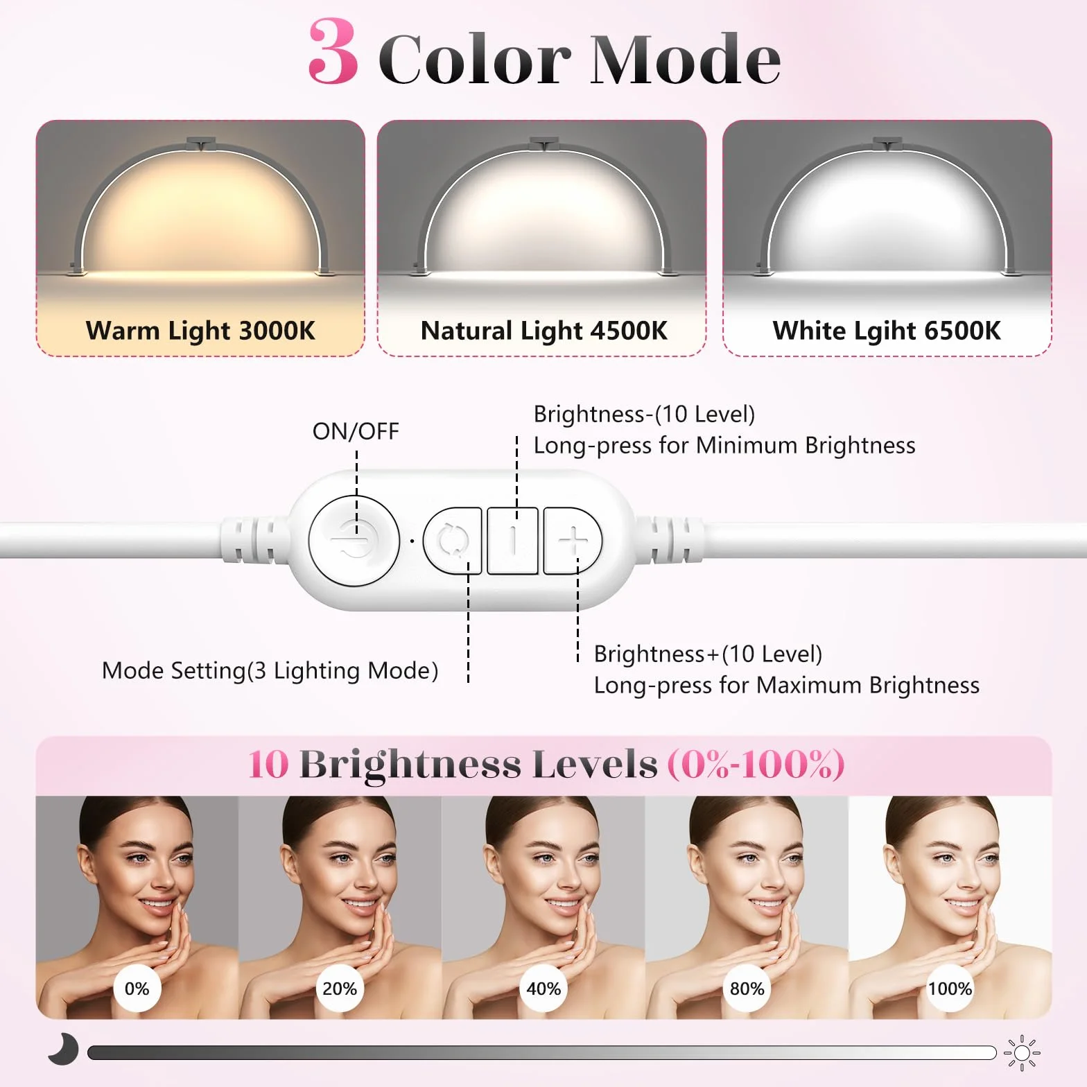 Media Luna Lámpara para Uñas 23" con Soporte para Teléfono 3 Modos de Color 10 Niveles de Brillo Ajustables Manicura Blanco