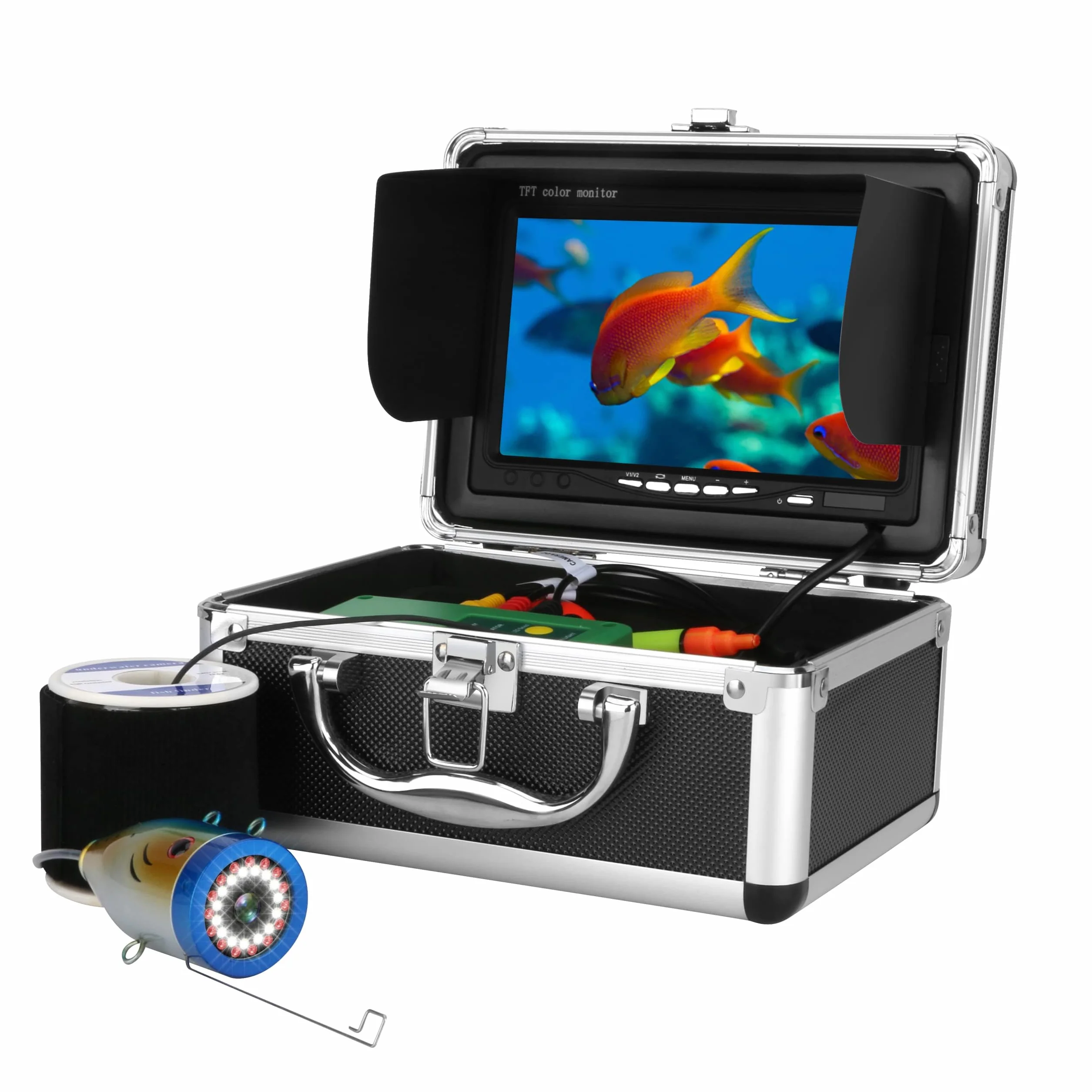 Cámara de Pesca Submarina con Buscador de Peces de 7 Pulgadas Cámara de Pesca HD 1000TVL Impermeable 15M Sonda de Pesca para Pesca en el mar, Pesca en Hielo, Pesca en Barco
