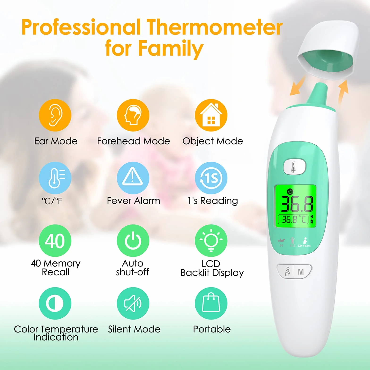 Termómetro Digital Infrarrojos para Bebés Niños Adultos, Frente y Oído con Alarma de Fiebre, ℃ ℉ Conmutable
