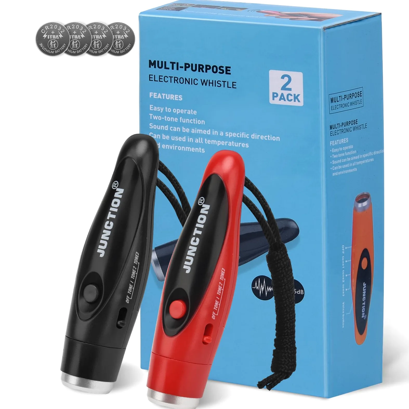 Paquete de 2 silbatos electrónicos, silbatos eléctricos de mano de 3 tonos de alto volumen con cordón para profesores, entrenadores, árbitros, silbato de entrenamiento, silbato de emergencia al aire