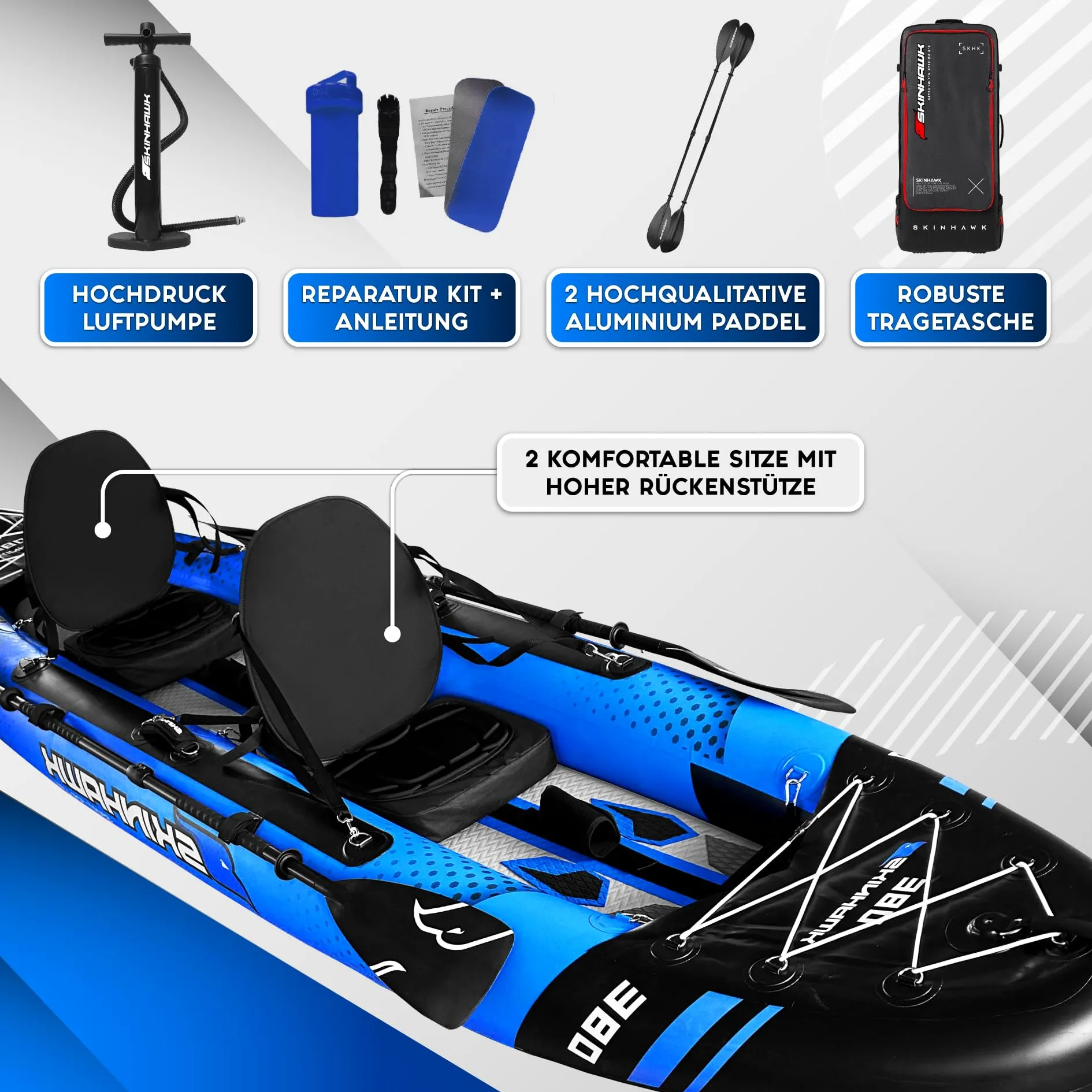 SKINHAWK Exclusivo juego de kayak azul 380 – bote inflable – canoa – 380 x 96 cm – kayak para 2 personas