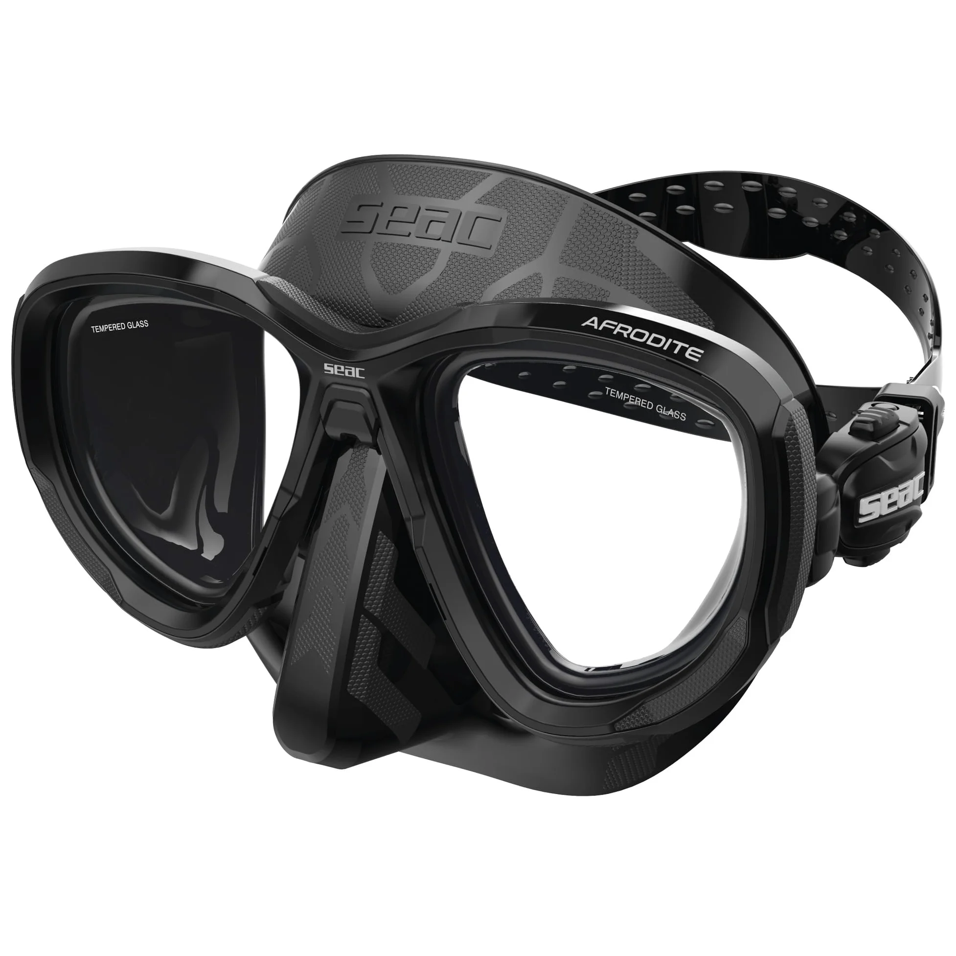 SEAC Afrodite – Máscara de Buceo de Bajo Volumen con Lentes de Cristal Templado 3 mm, Faldón de Silicona Suave, Hebilla 3D Ajustable y Compatible con Lentes Ópticas Correctivas (-1.0 a -6.0)