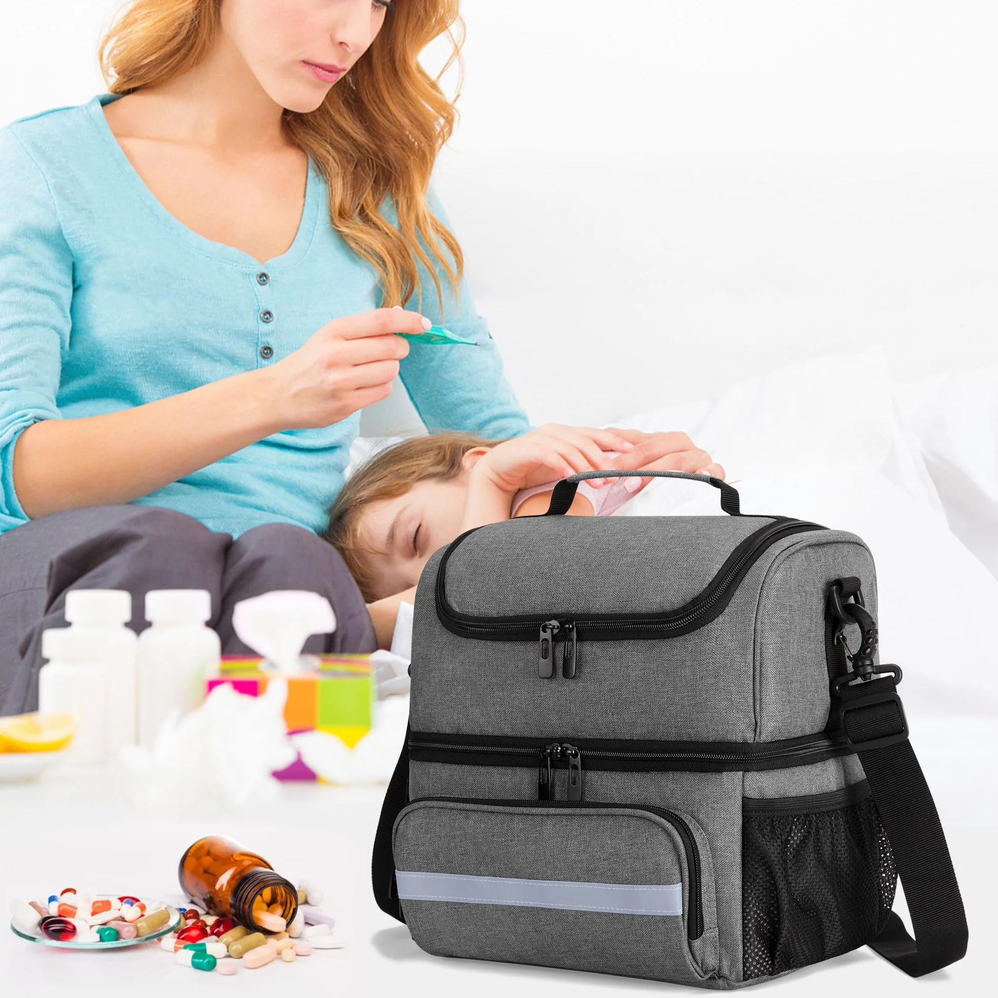 CURMIO Bolsa Médica Doble Capa Botiquín Primeros Auxilios Emergencia Medicamentos Gris