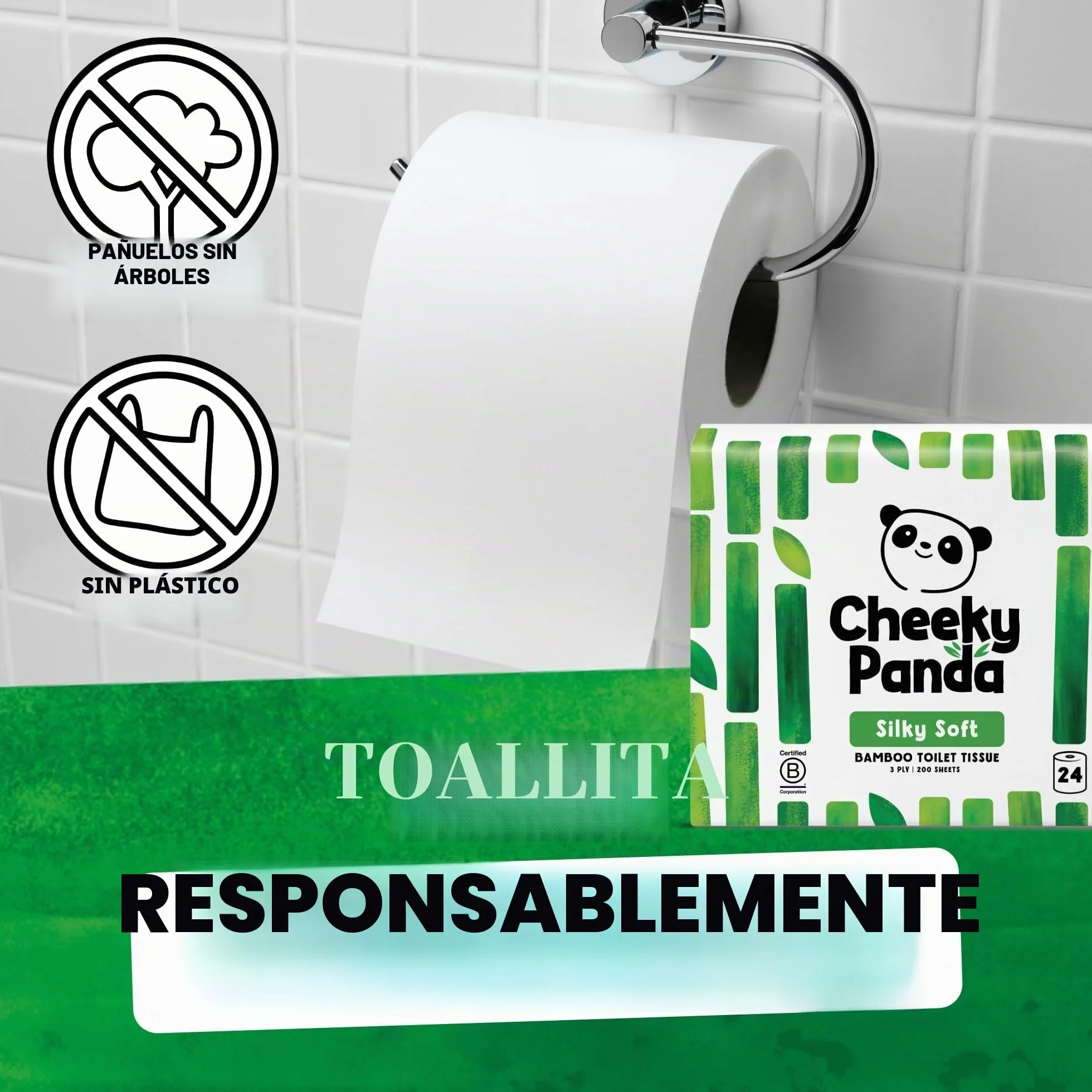 The Cheeky Panda Papel Higiénico de Bambú 24 Rollos 200 Hojas 3 Capas Biodegradable Sin Plástico