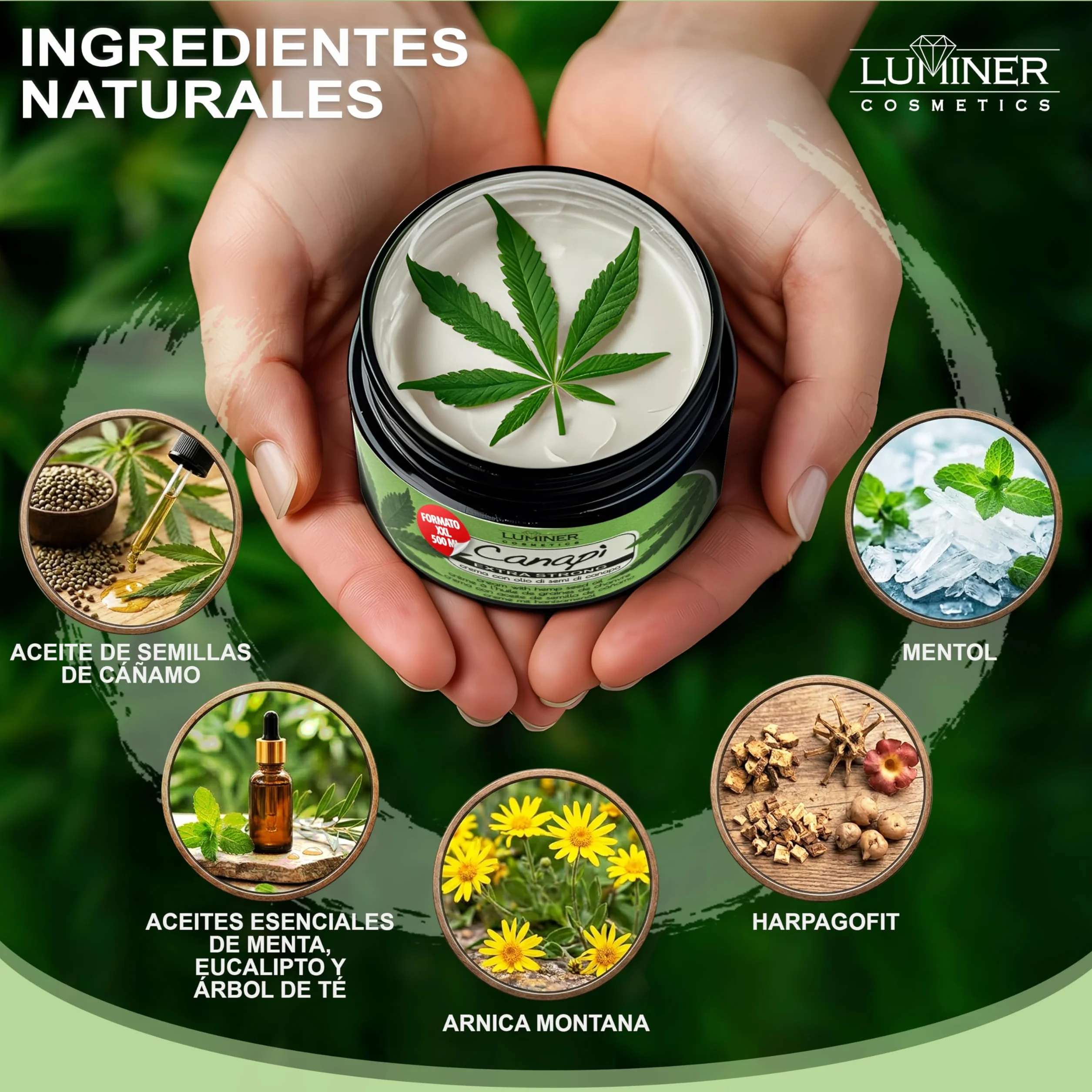 Luminer Crema de aceite de semillas de Cáñamo 500 ml Gel de masaje con árnica y harpagofito