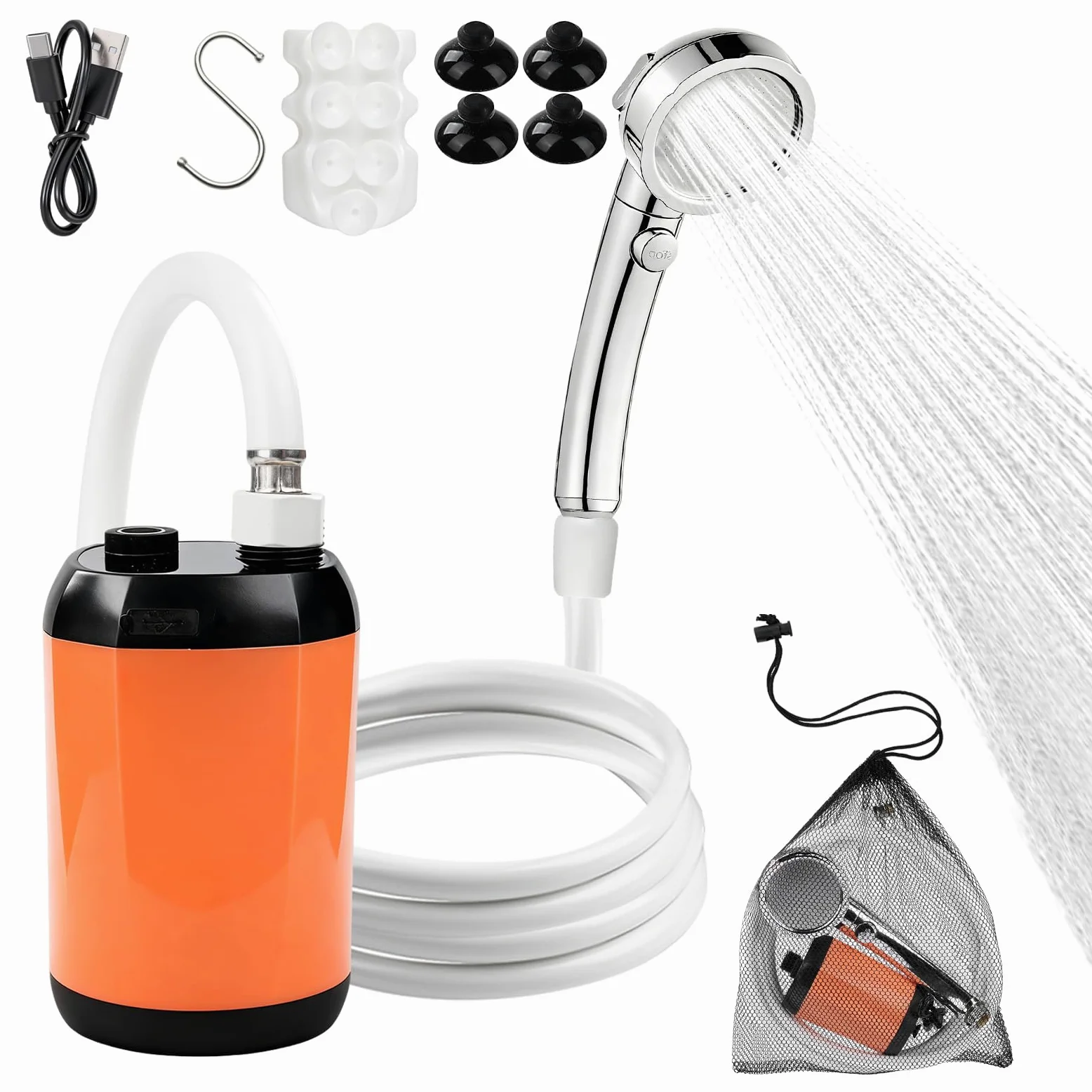 Ducha de Camping portátil con batería y Bomba, Pantalla inteligente bomba de agua autocebante ajustable de dos niveles con manguera de ducha y accesorios, 6000 mAh, valor Wh 22.2.