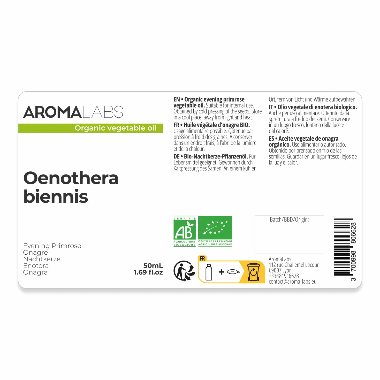 Aceite de Onagra BIO 50 mL Aceite Vegetal Virgen Certificado AB Aroma Labs